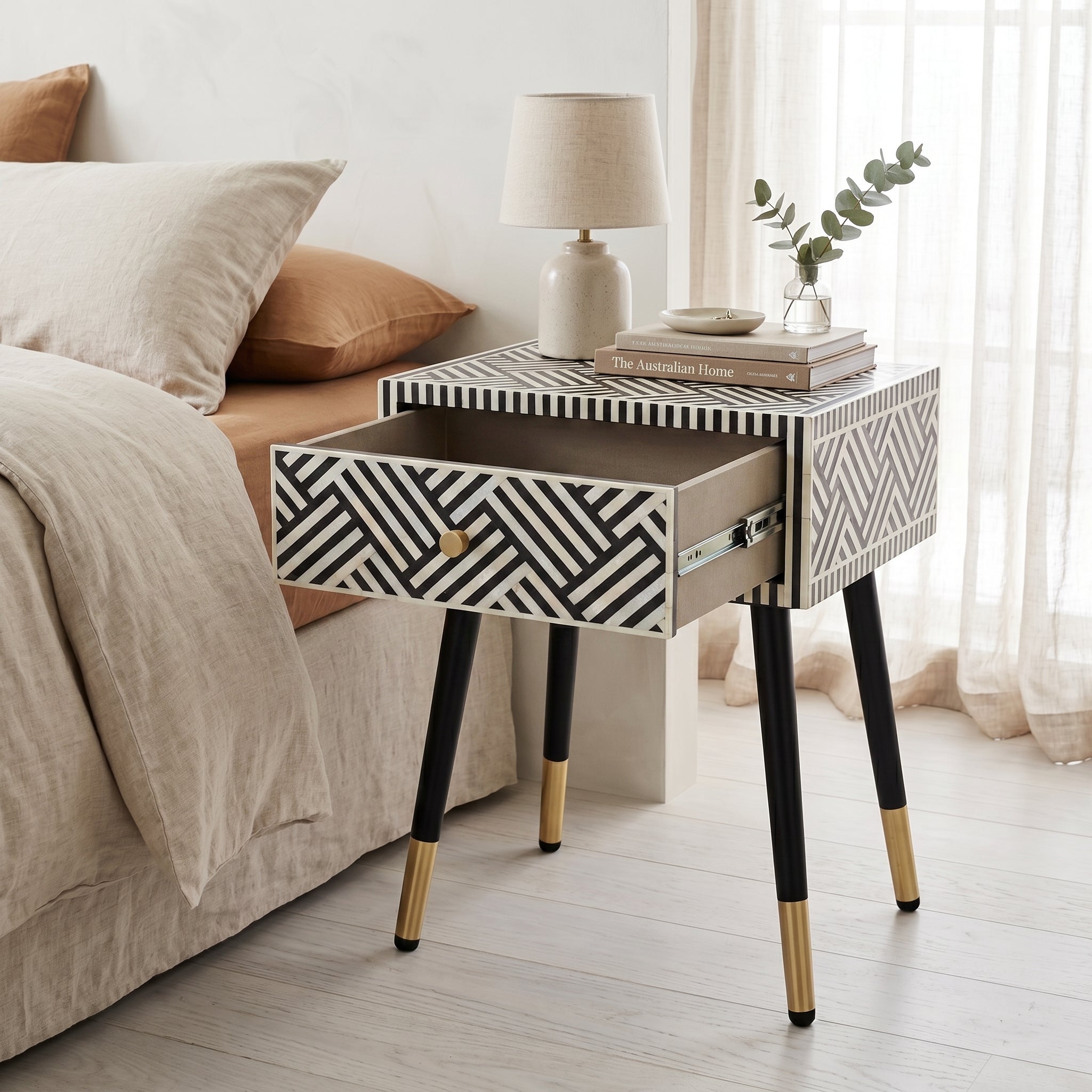 Bone Inlay Geometric Maze Bedside Table | Onyx