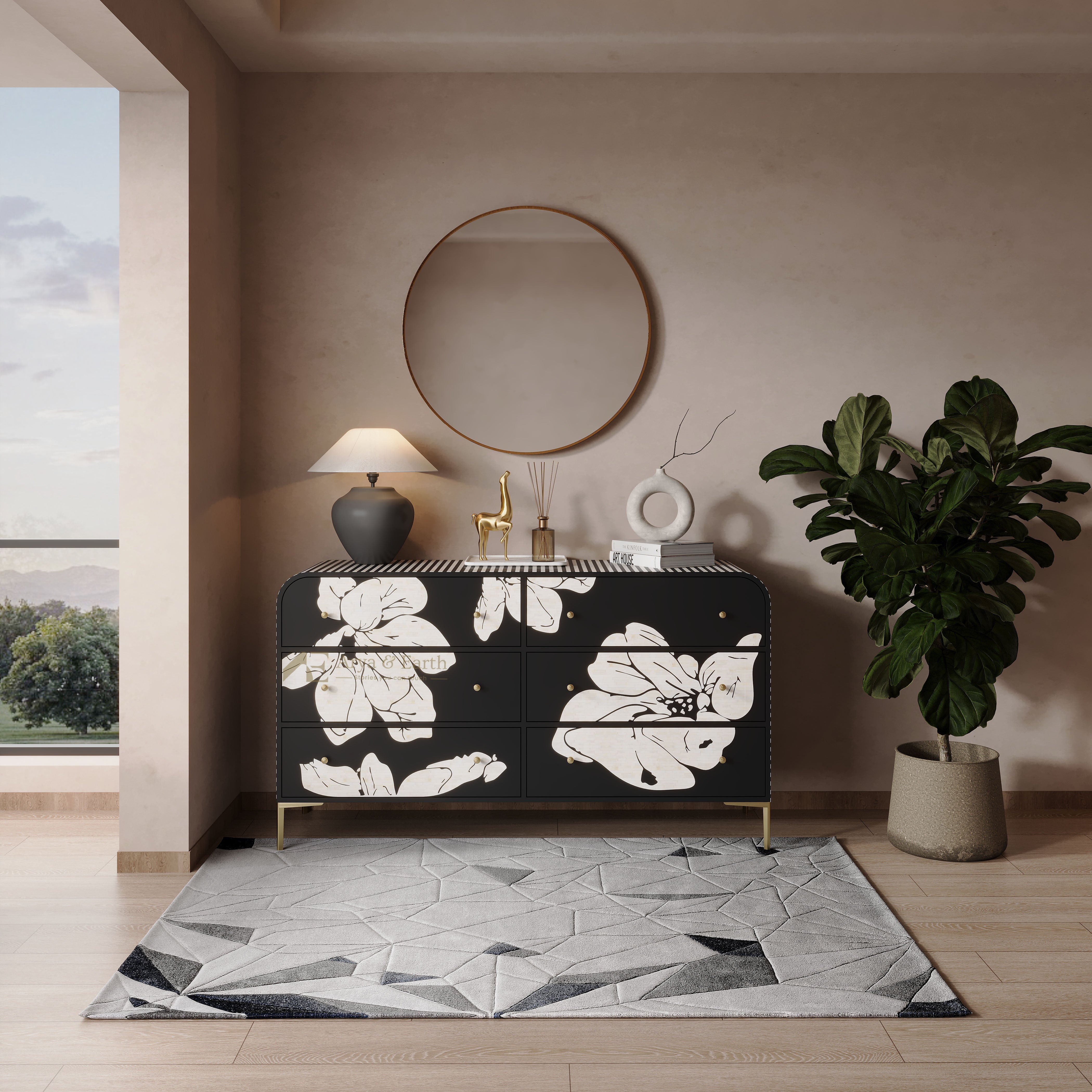 Black Floral Bone Inlay Chest of Drawers in a room