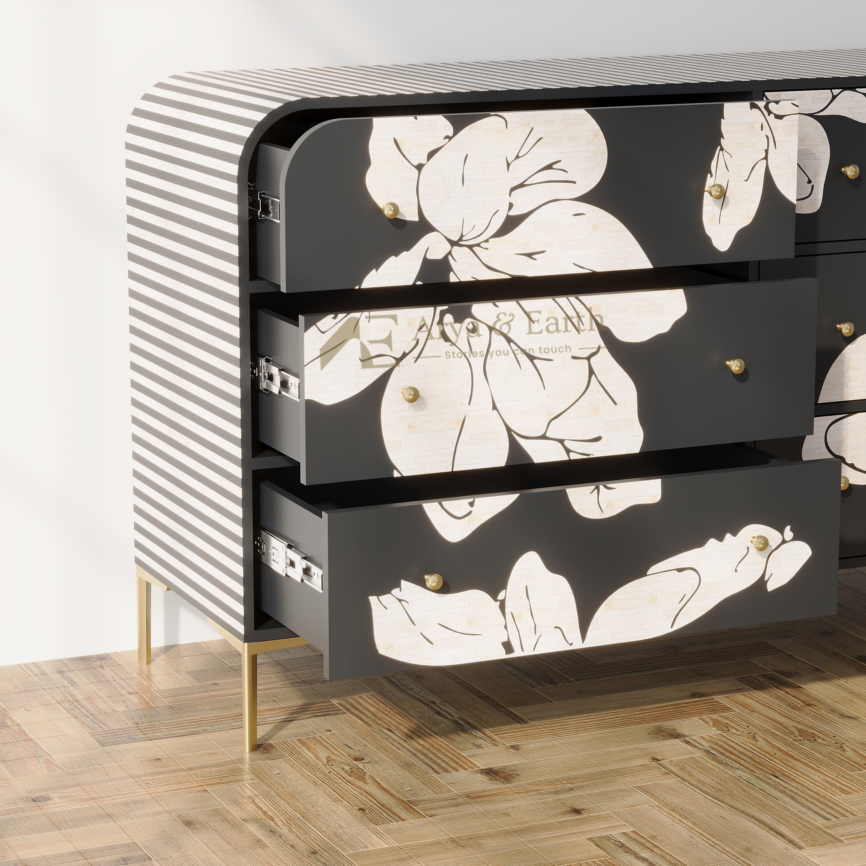 Open Drawers of Black Floral Bone Inlay Chest of Drawers