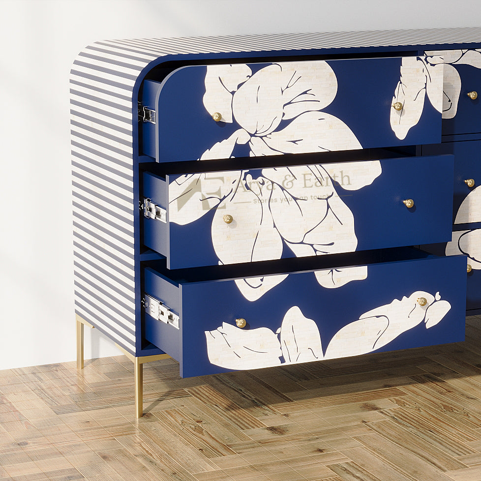 Open drawers of Blue Bone inlay Floral Chest of Drawers