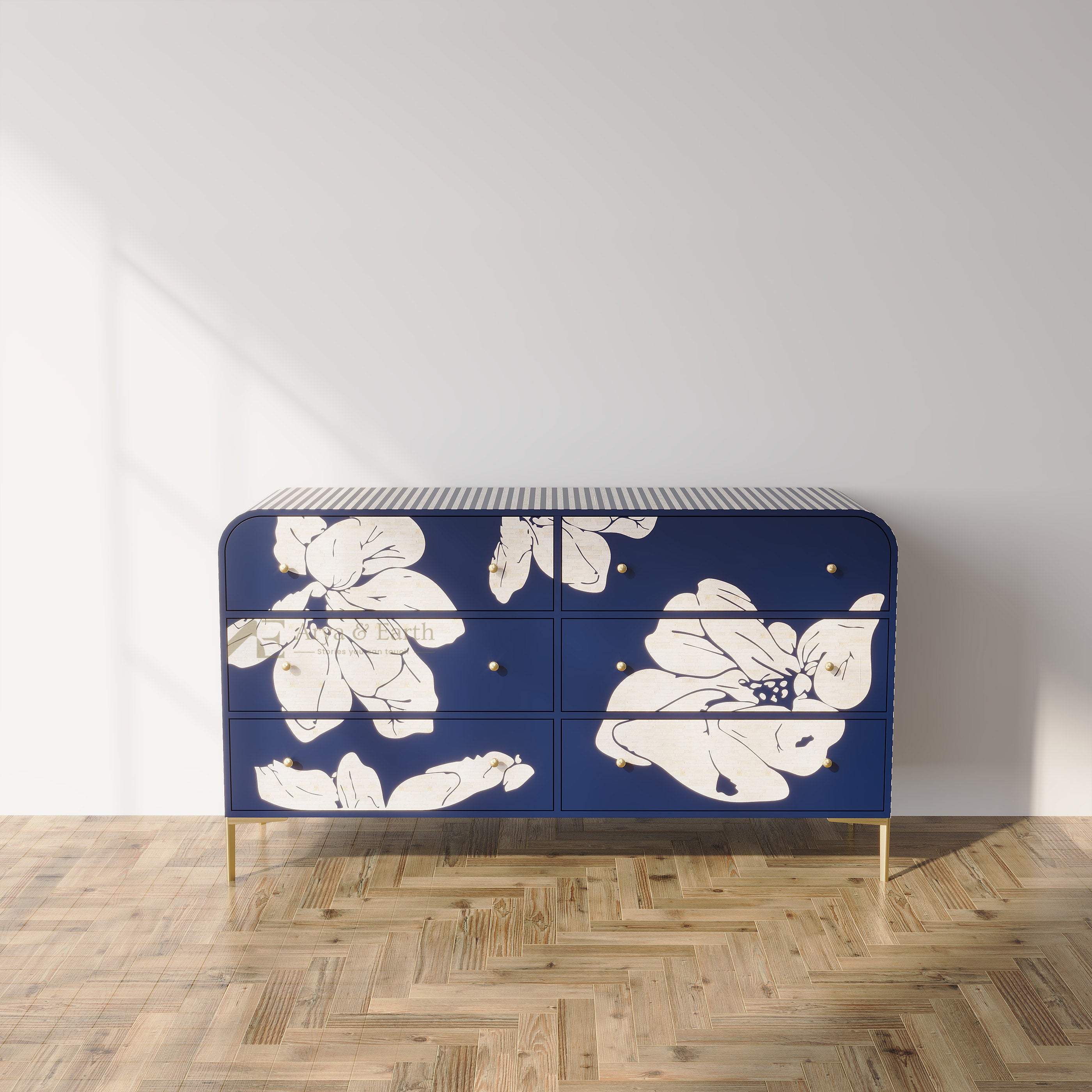 Blue Bone inlay Floral Chest of Drawers