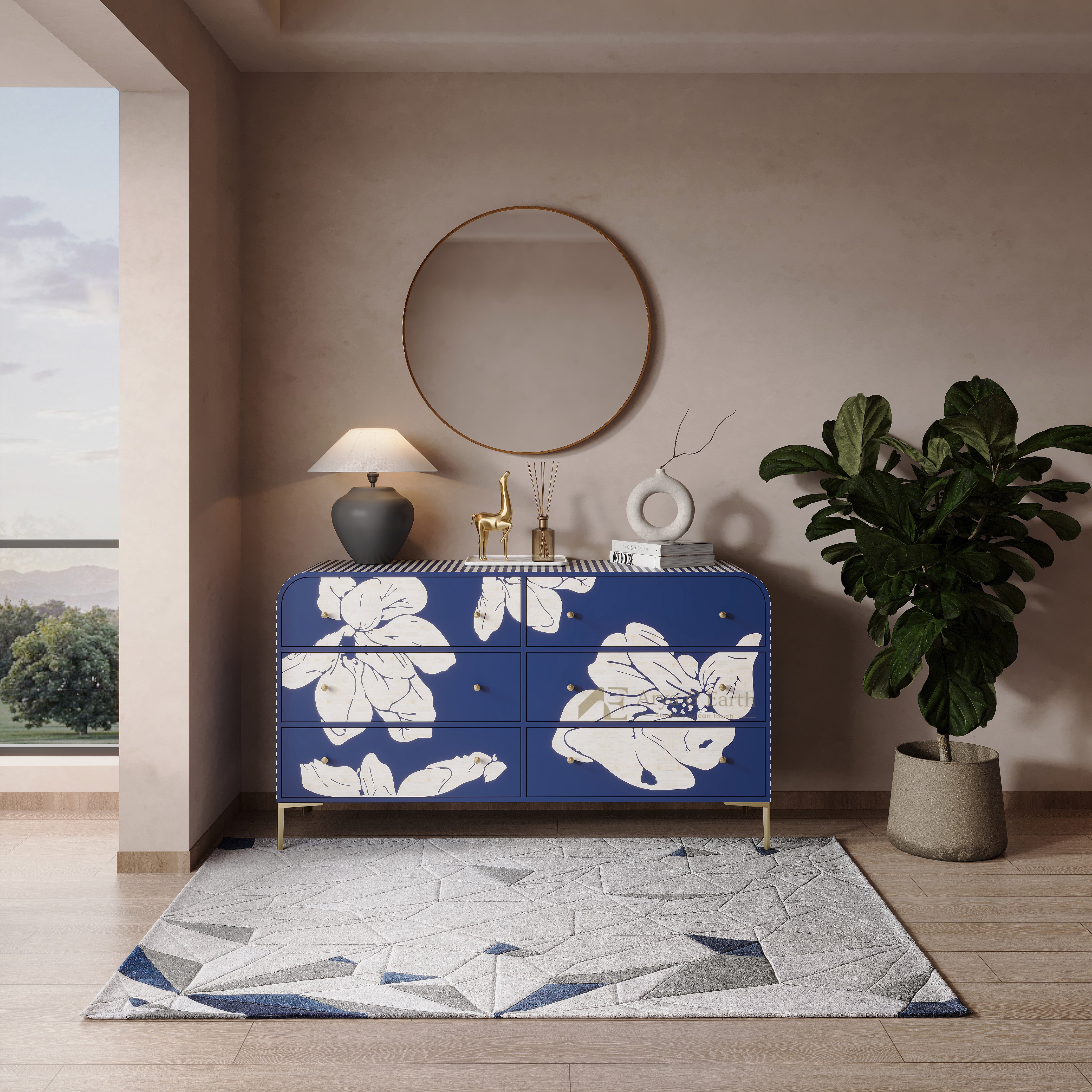 Blue Bone inlay Floral Chest of Drawers in a room