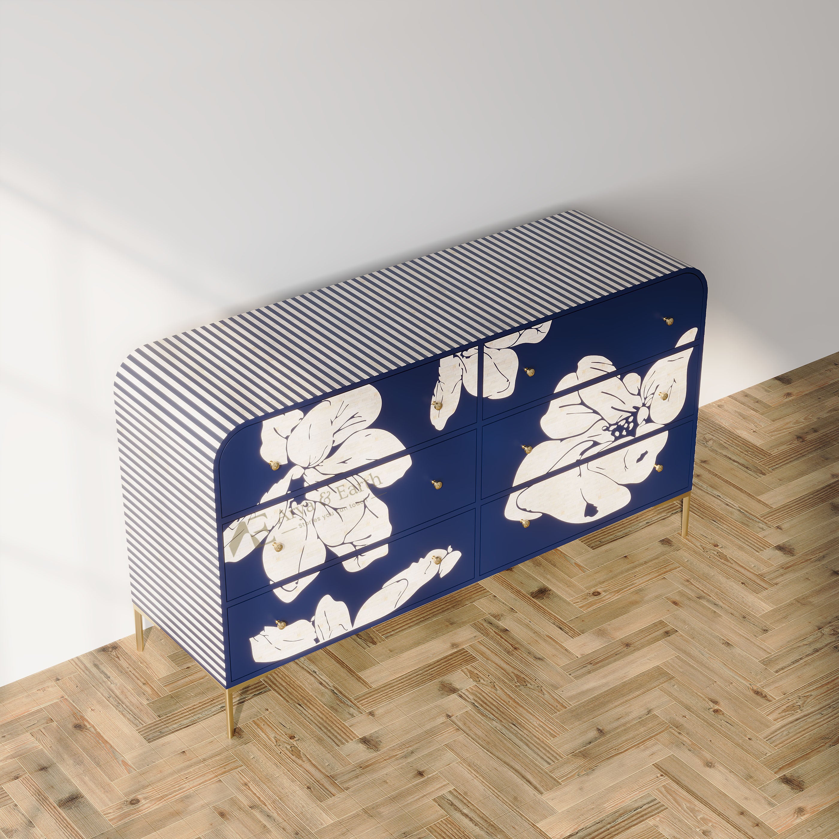 Top View of Blue Bone inlay Floral Chest of Drawers