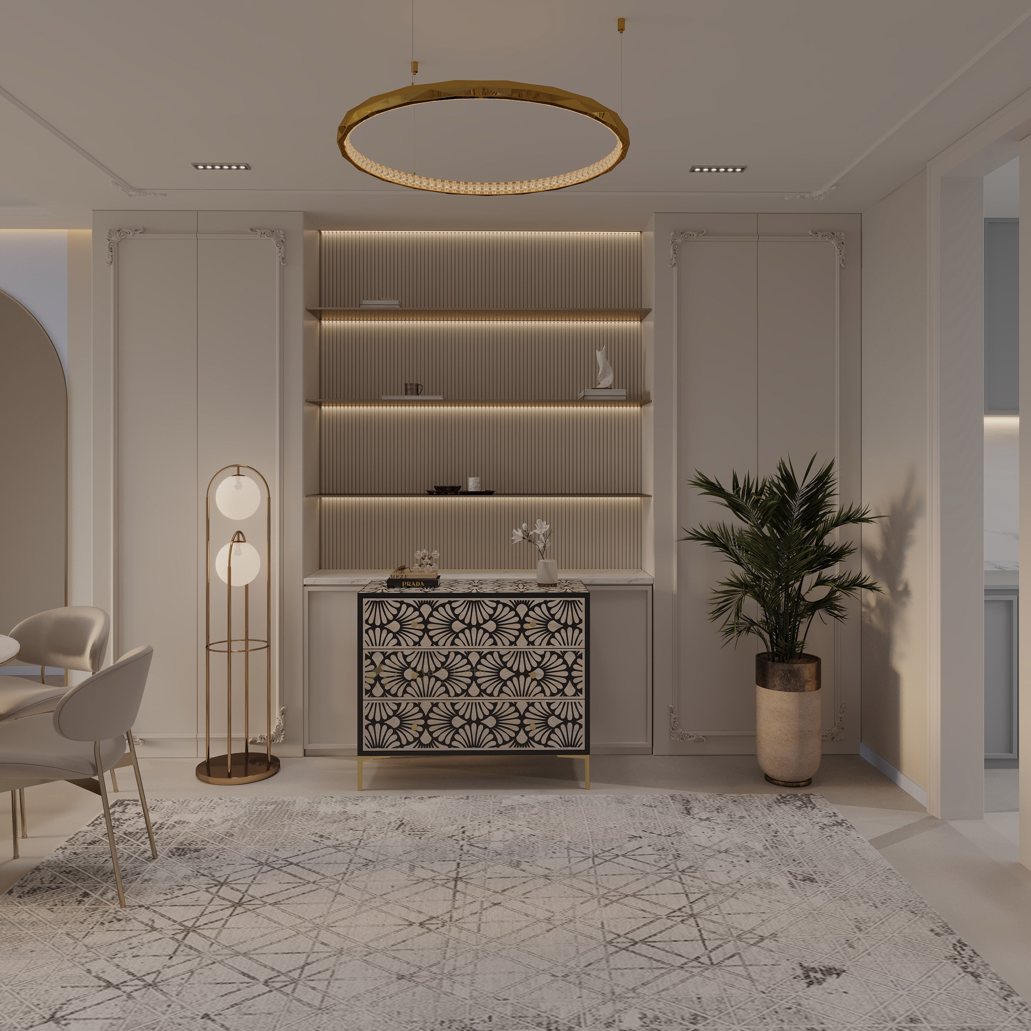 A luxury modern interior design scene featuring a decorative black and white patterned sideboard cabinet under warm built-in LED shelving, flanked by a gold floor lamp and a potted palm, with a large geometric patterned rug in the foreground.