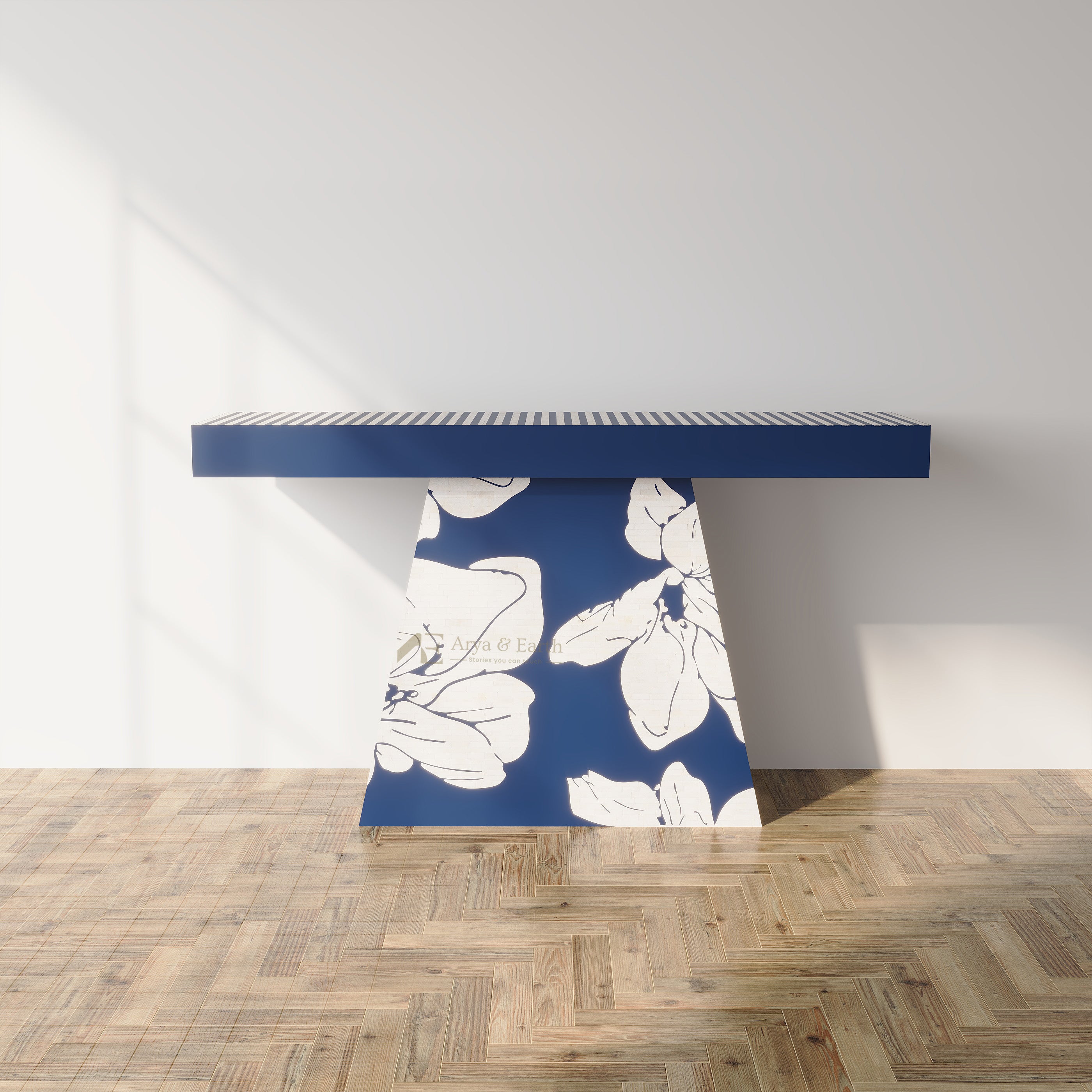 Bone inlay Blue Console Table with Floral design front view