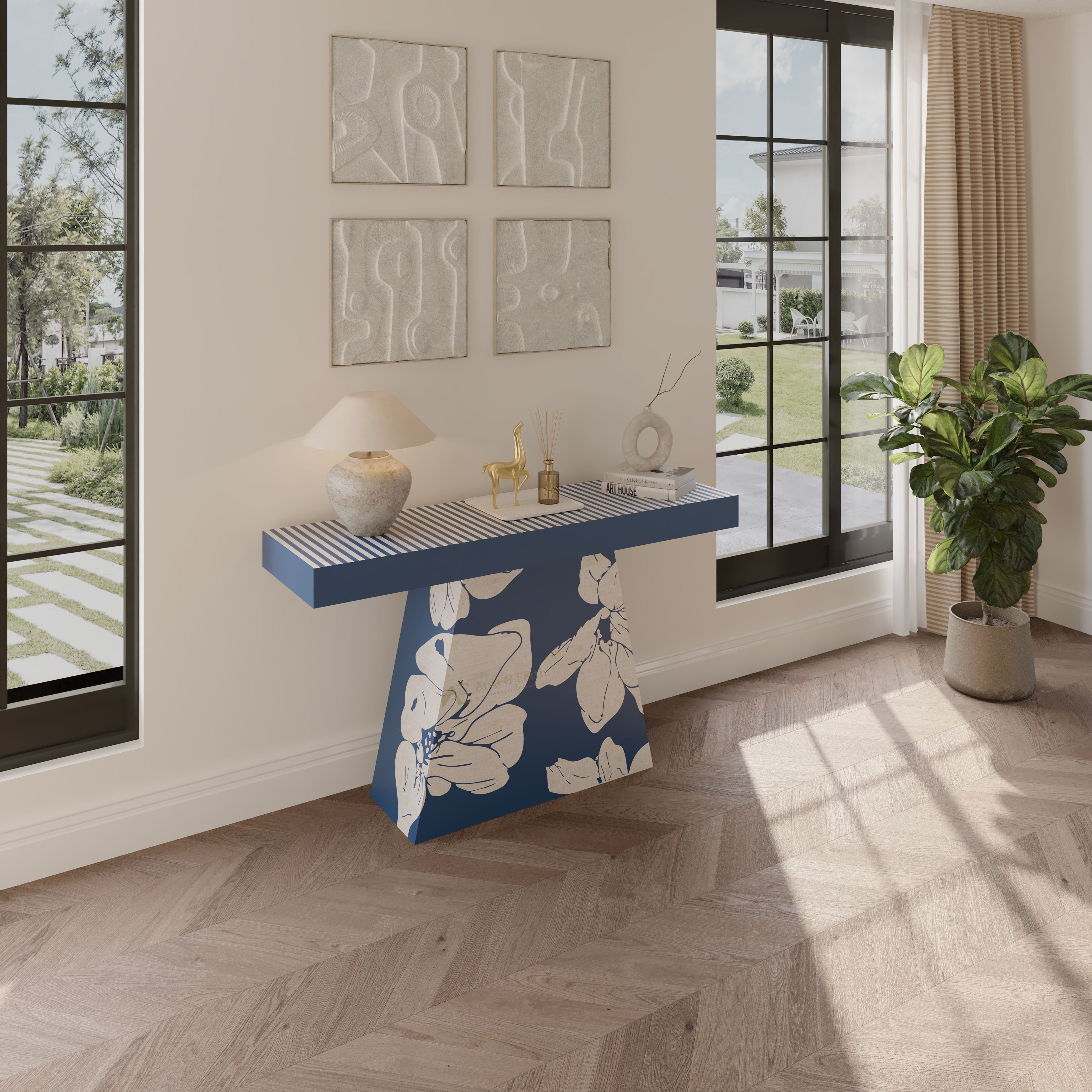 Bone inlay Blue Console Table with Floral design in a living room
