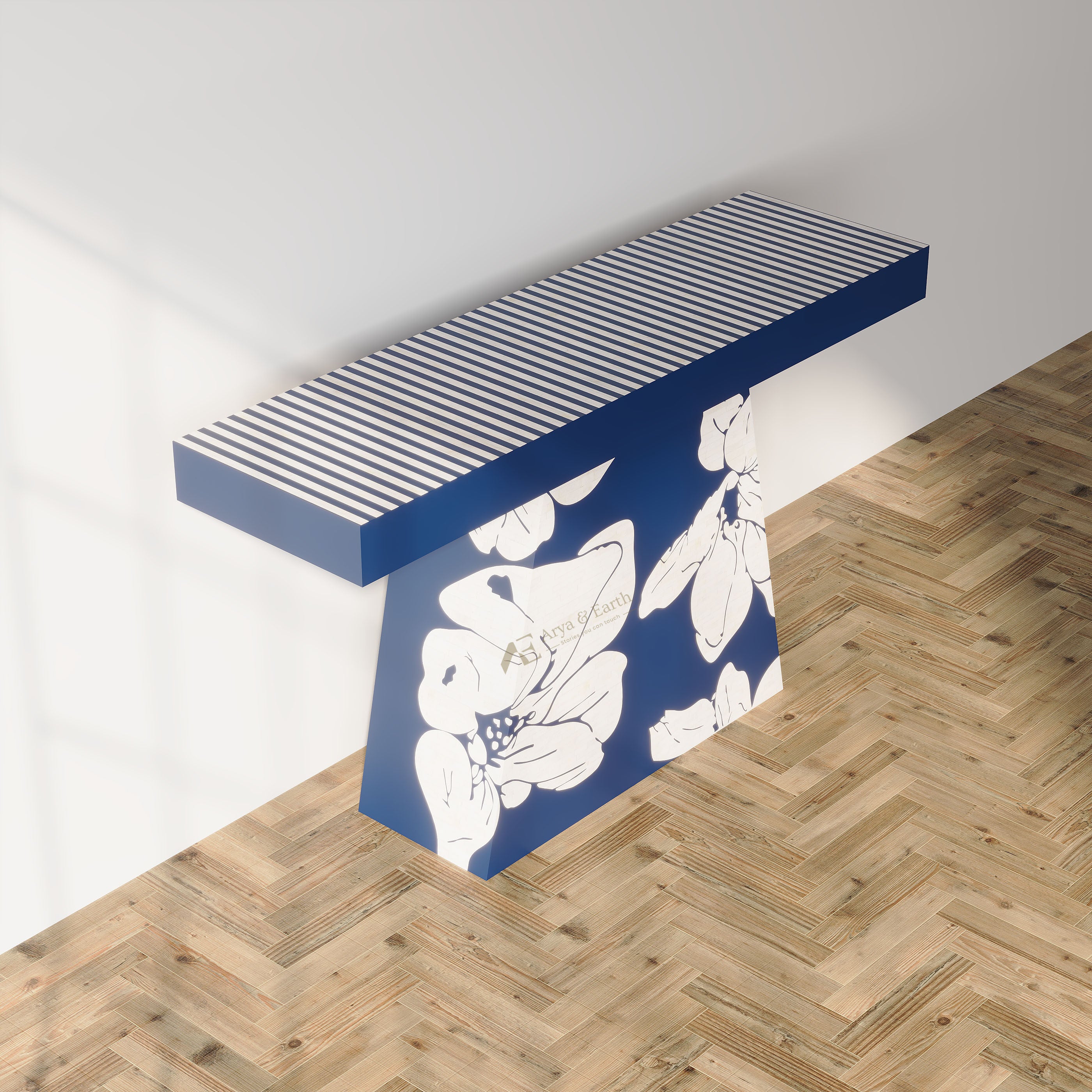 Bone inlay Blue Console Table with Floral design top view