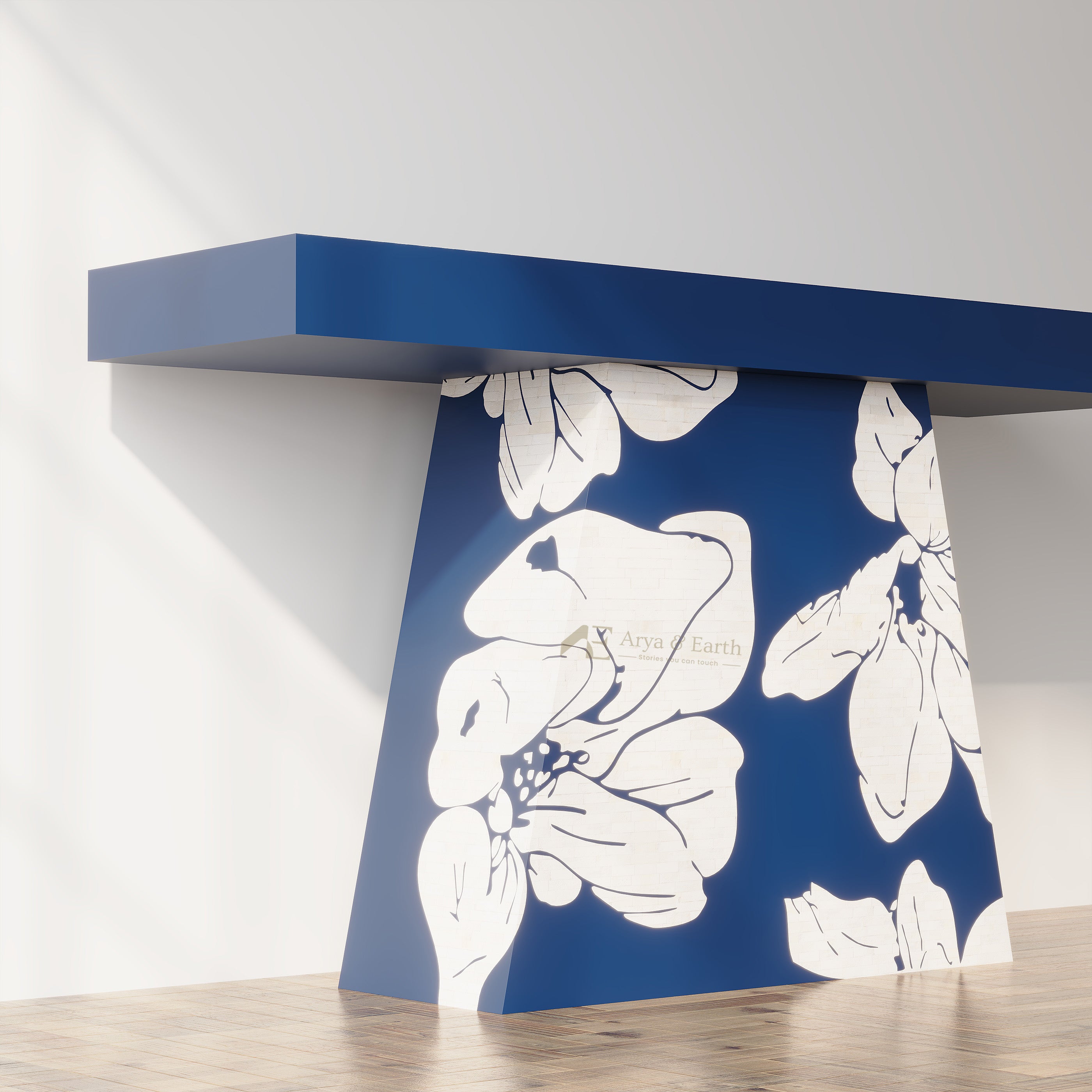 Bone inlay Blue Console Table with Floral design side view