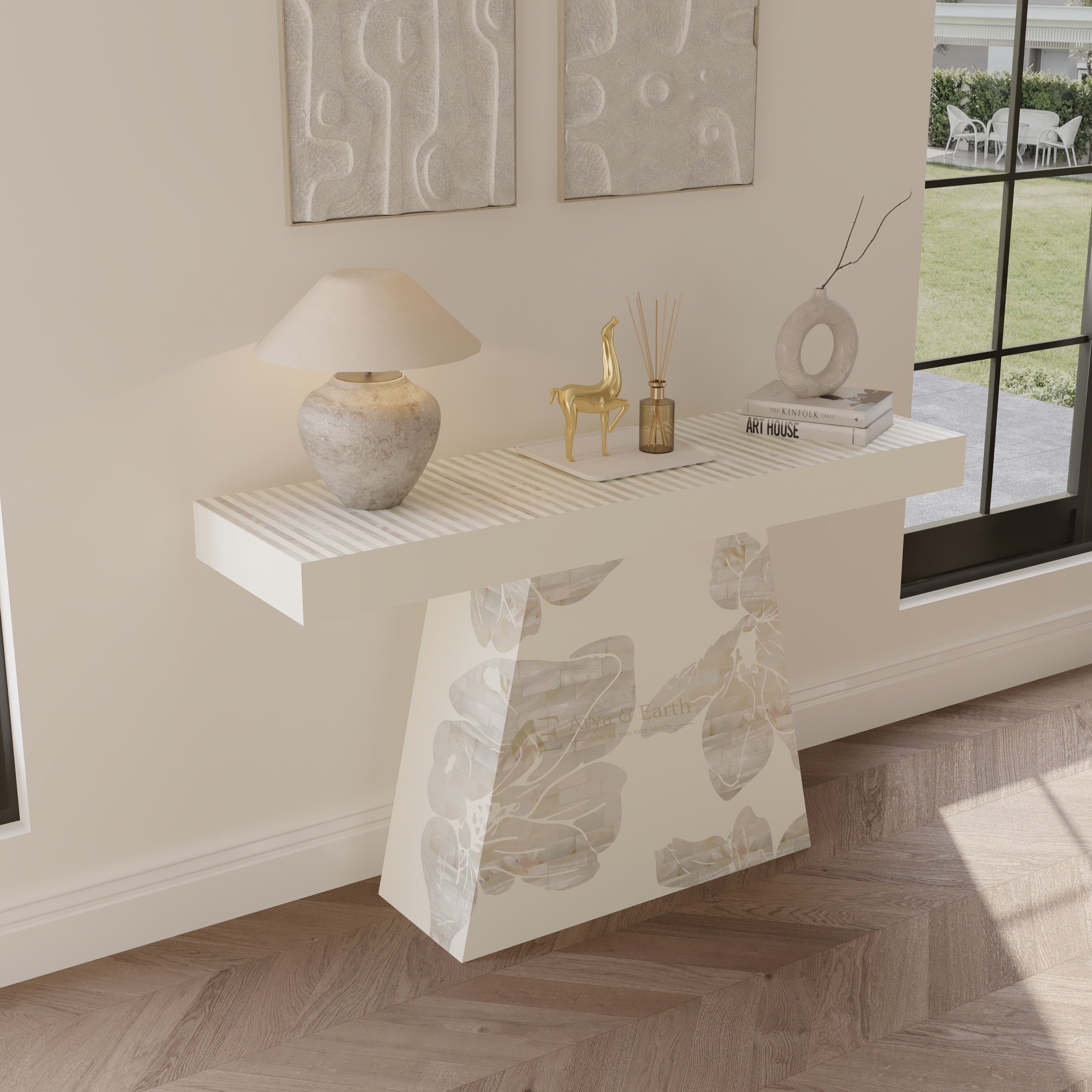 Mother Of Pearl Inlay Floral Handcrafted Console Table - Lunar Dust