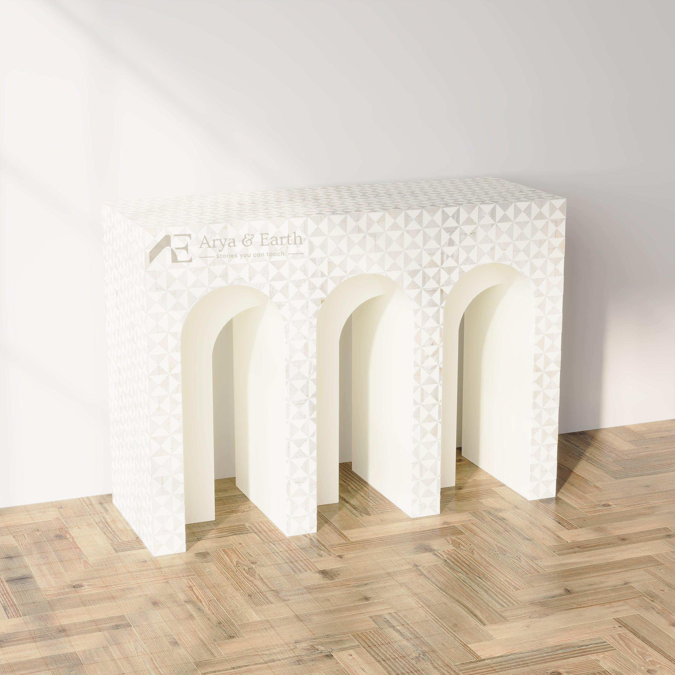 Mother of Pearl white console table on wooden flooring
