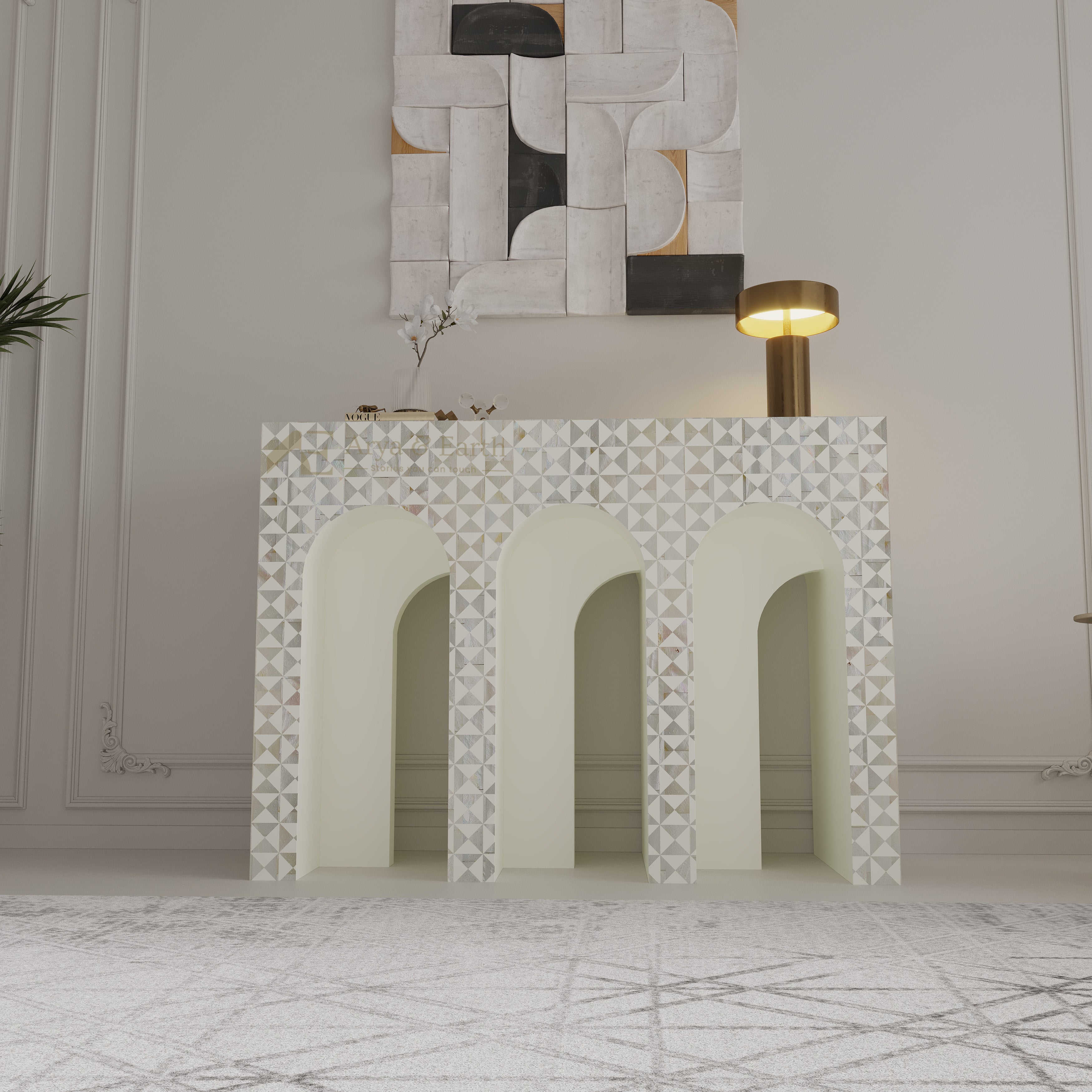 Mother of Pearl white console table in a living room