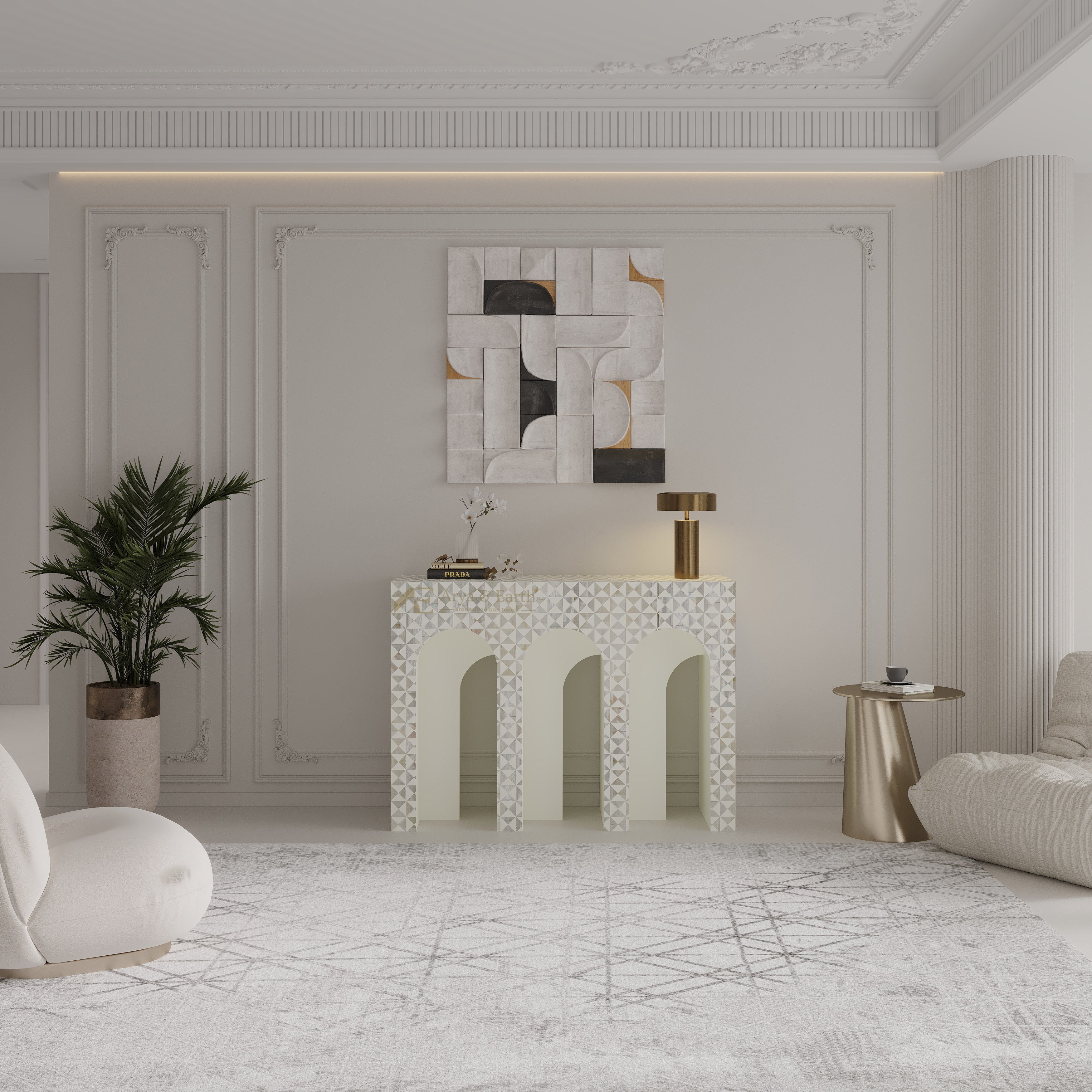 Mother of Pearl white console table in a living room with white sofa