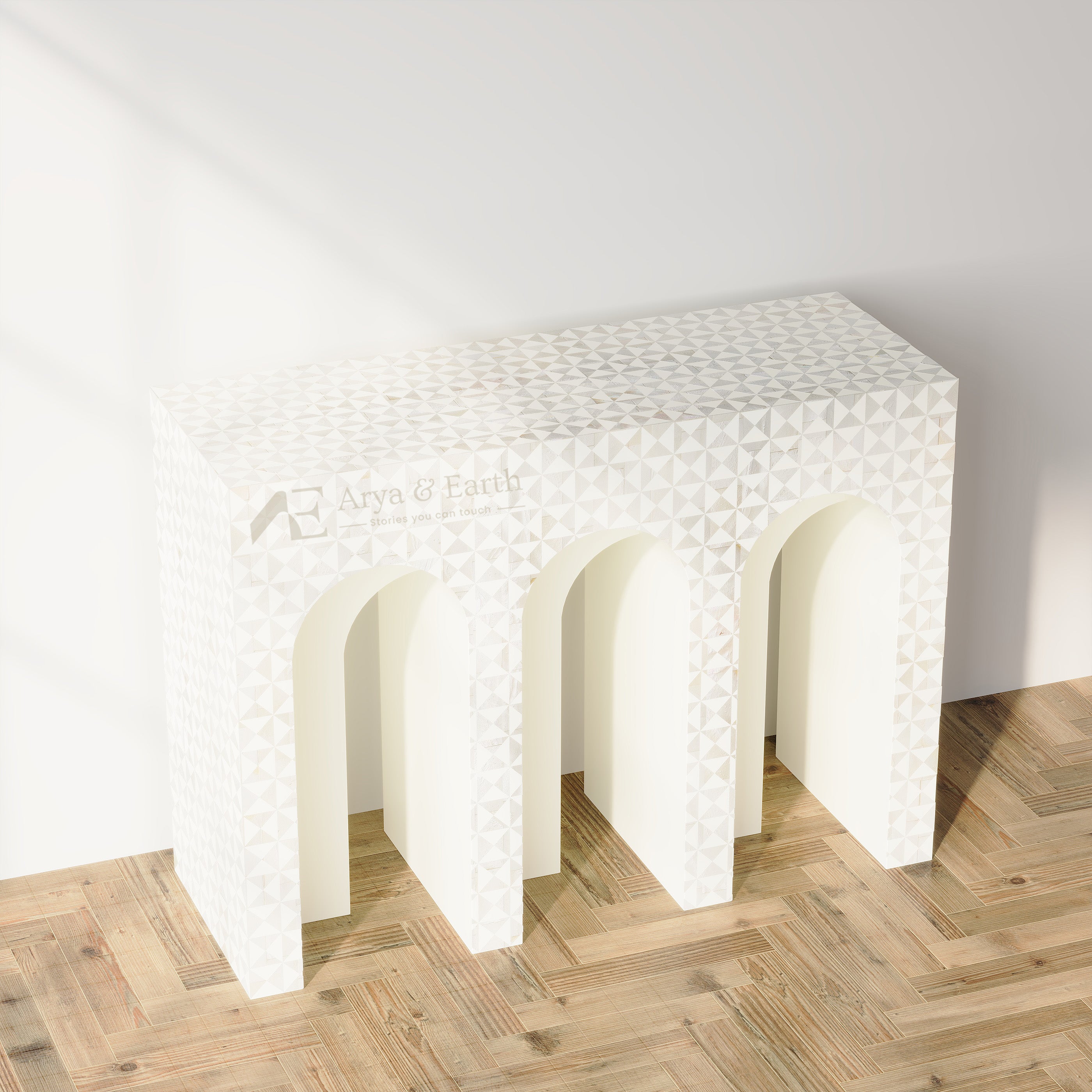 Mother of Pearl white console table top view