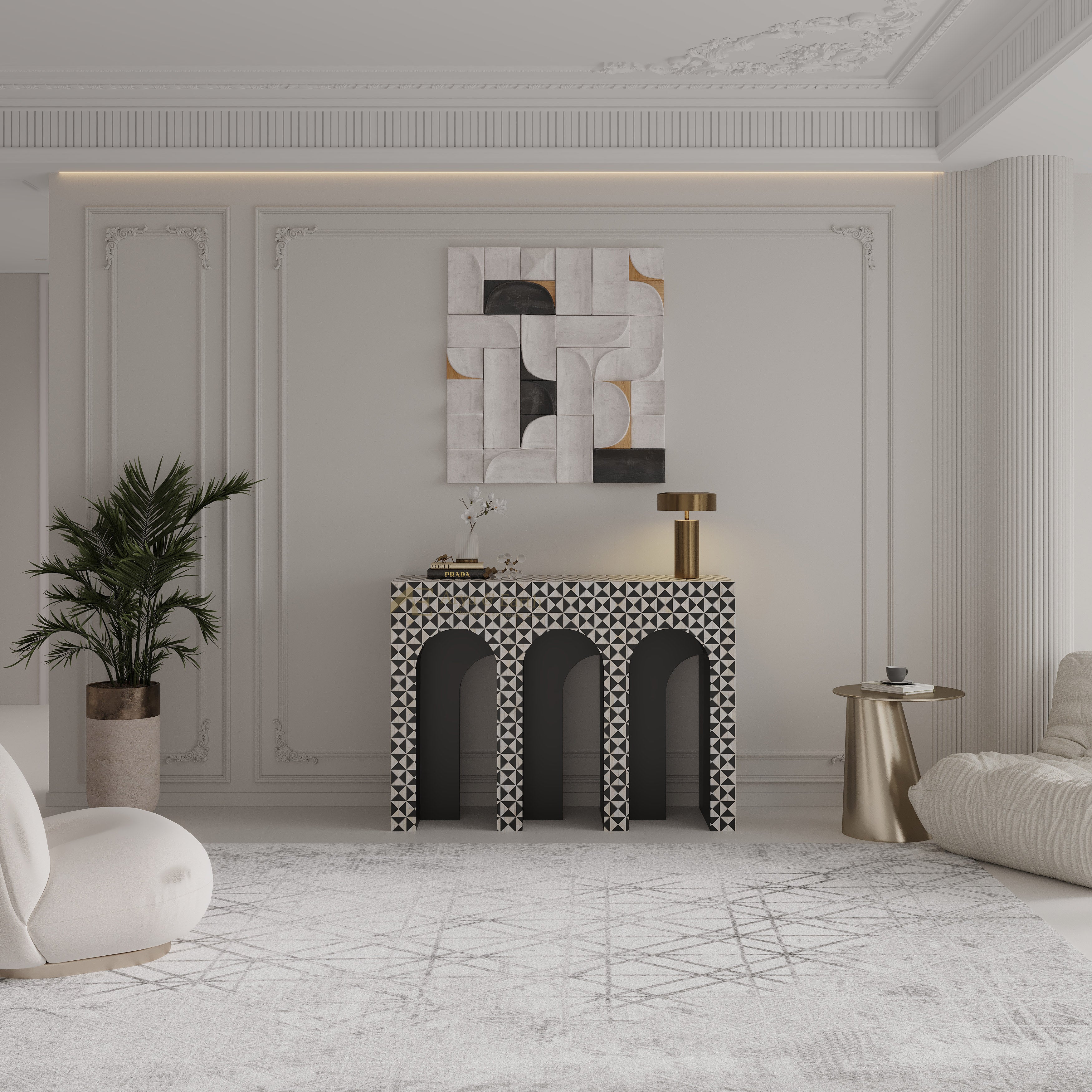 Bone Inlay Geometric Arch Console in a living room, in Black