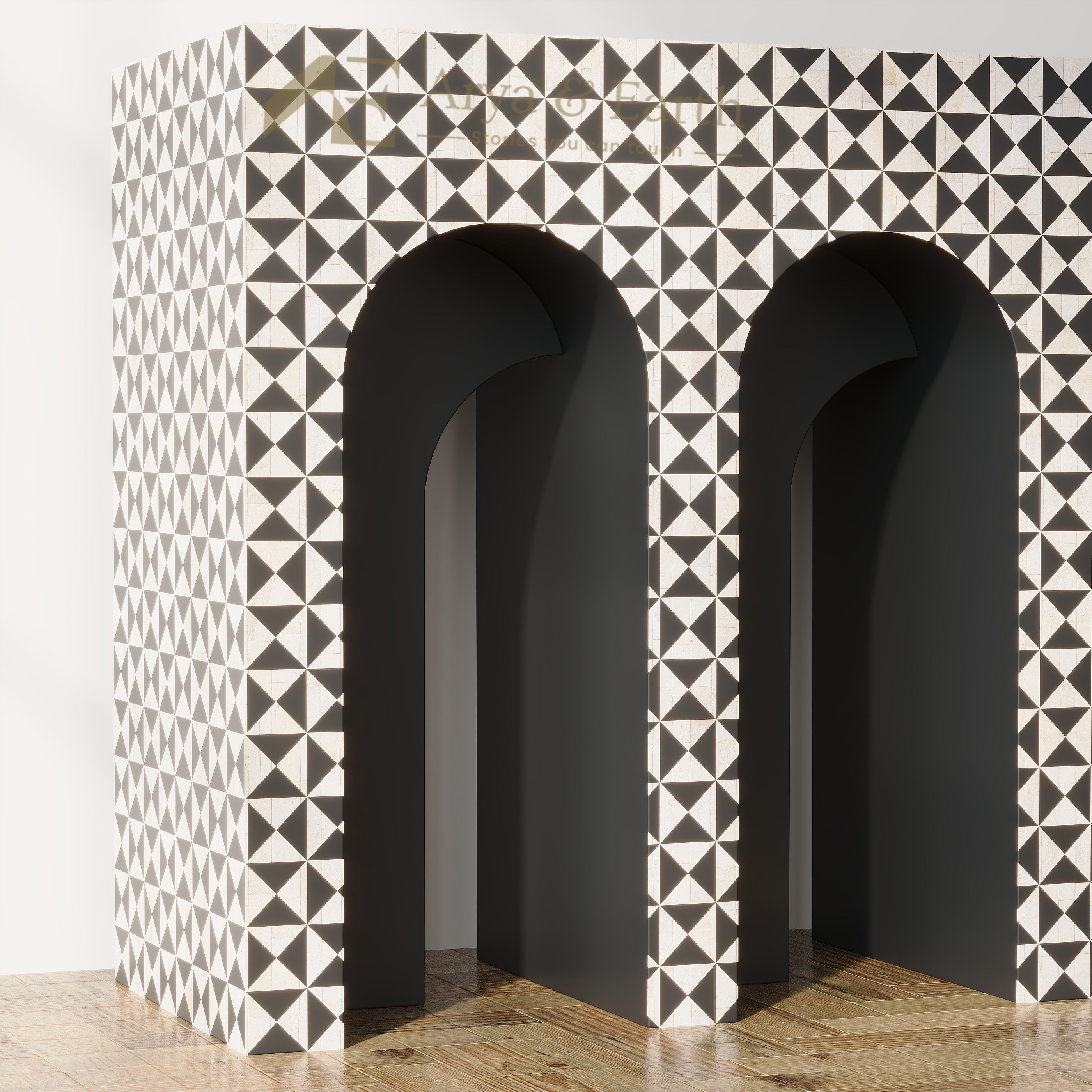 Close up of Black Bone Inlay Geometric Arch Console