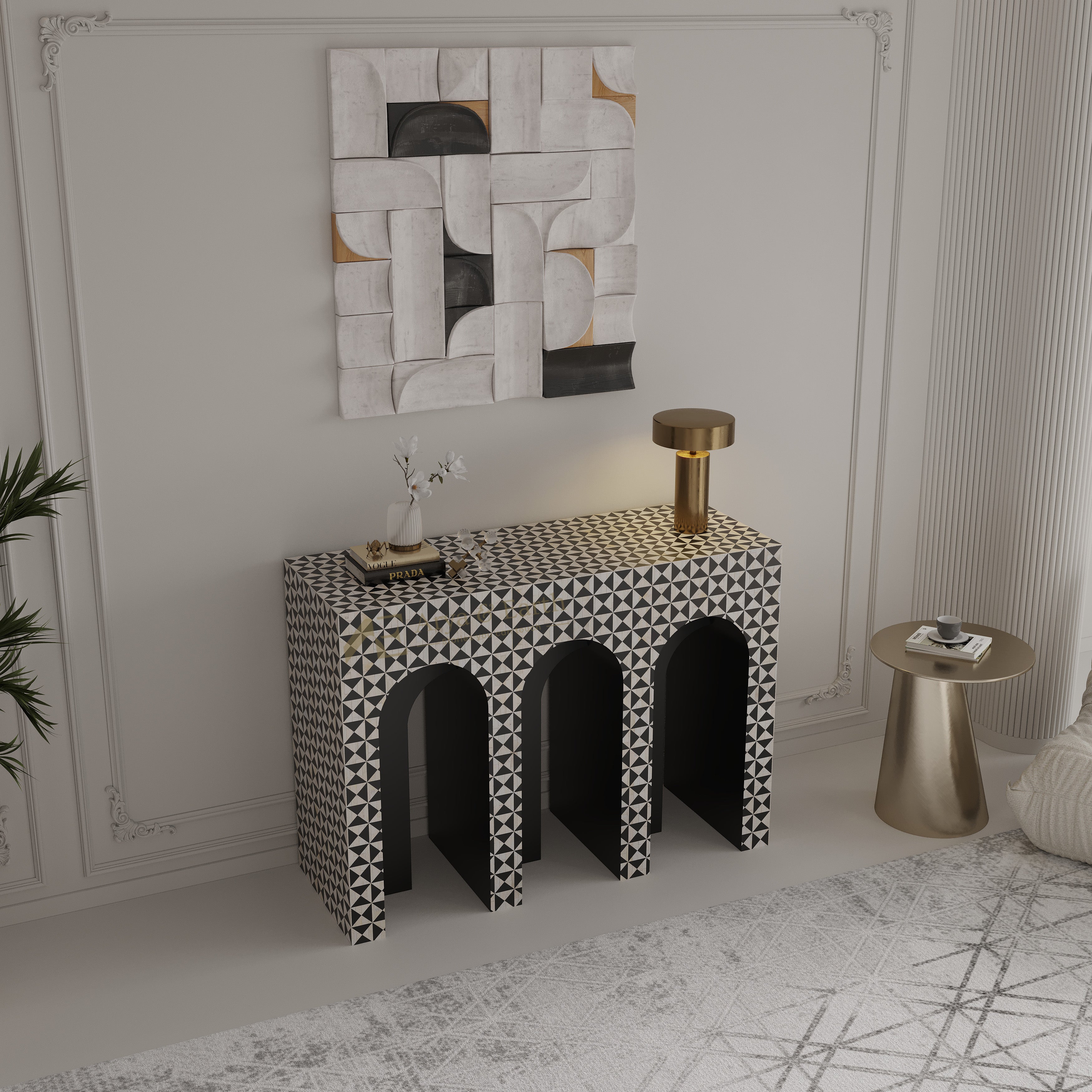 Top view of Bone Inlay Geometric Arch Console in a living room.