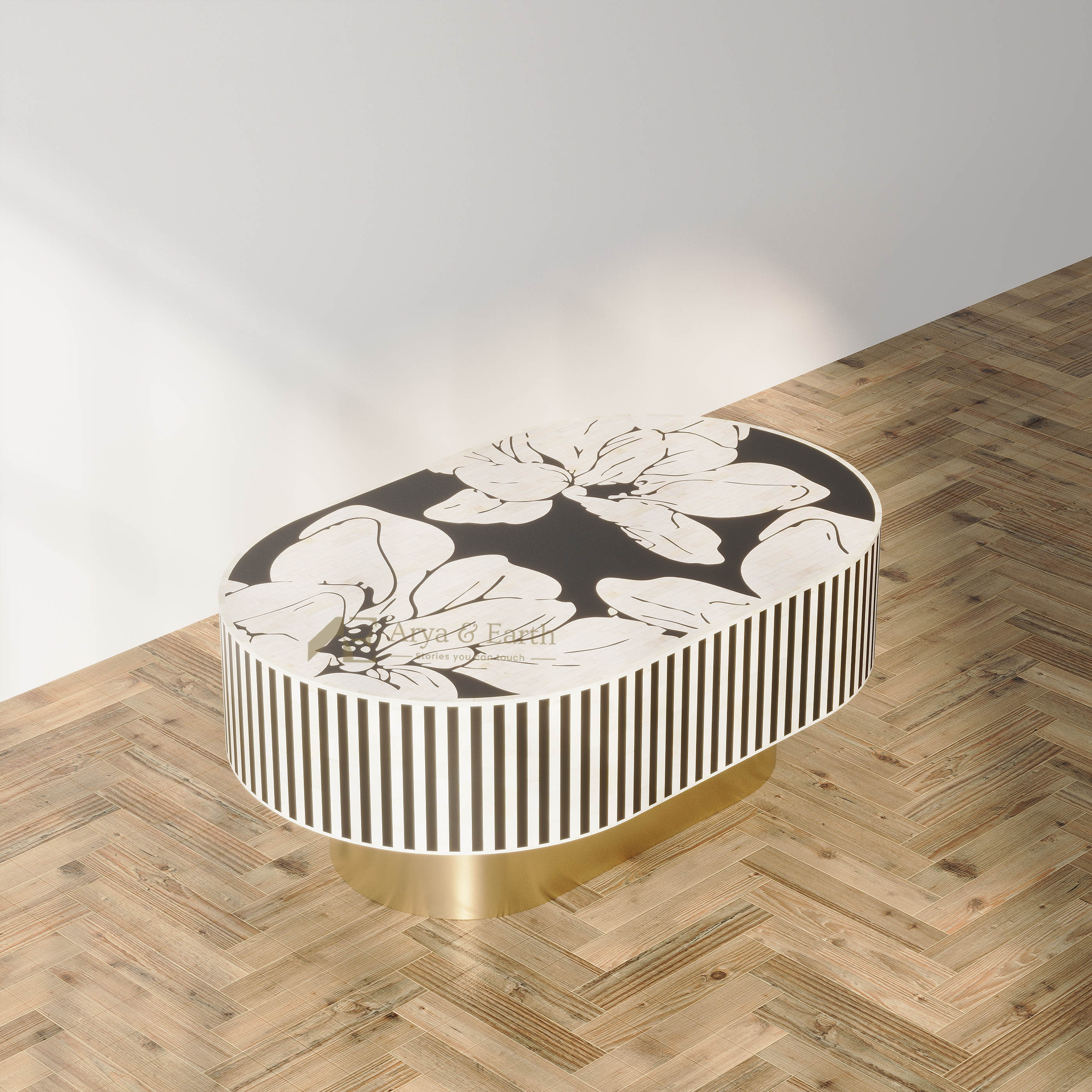 Black oval floral coffee table on wooden floor