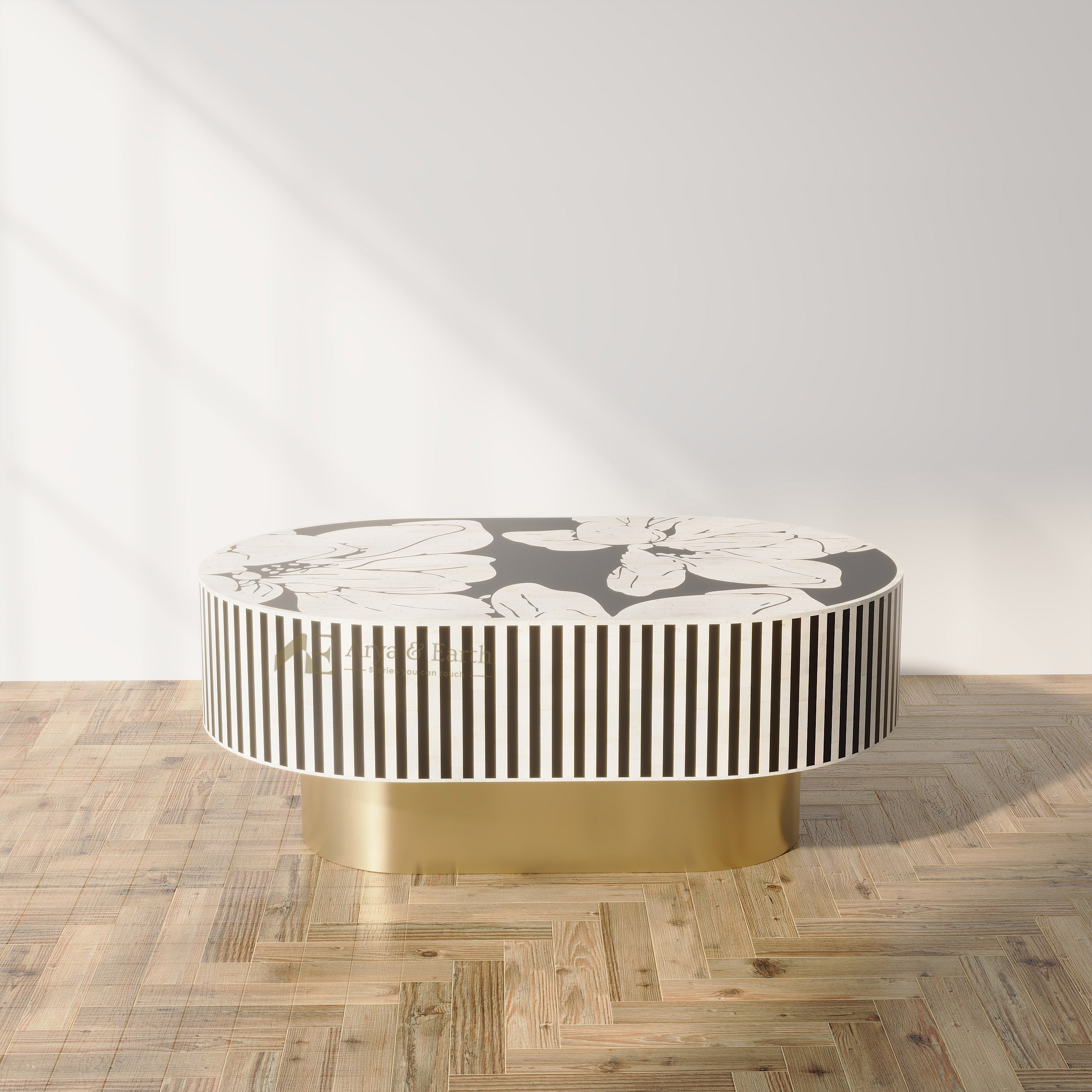 Bone inlay oval floral coffee table with gold base