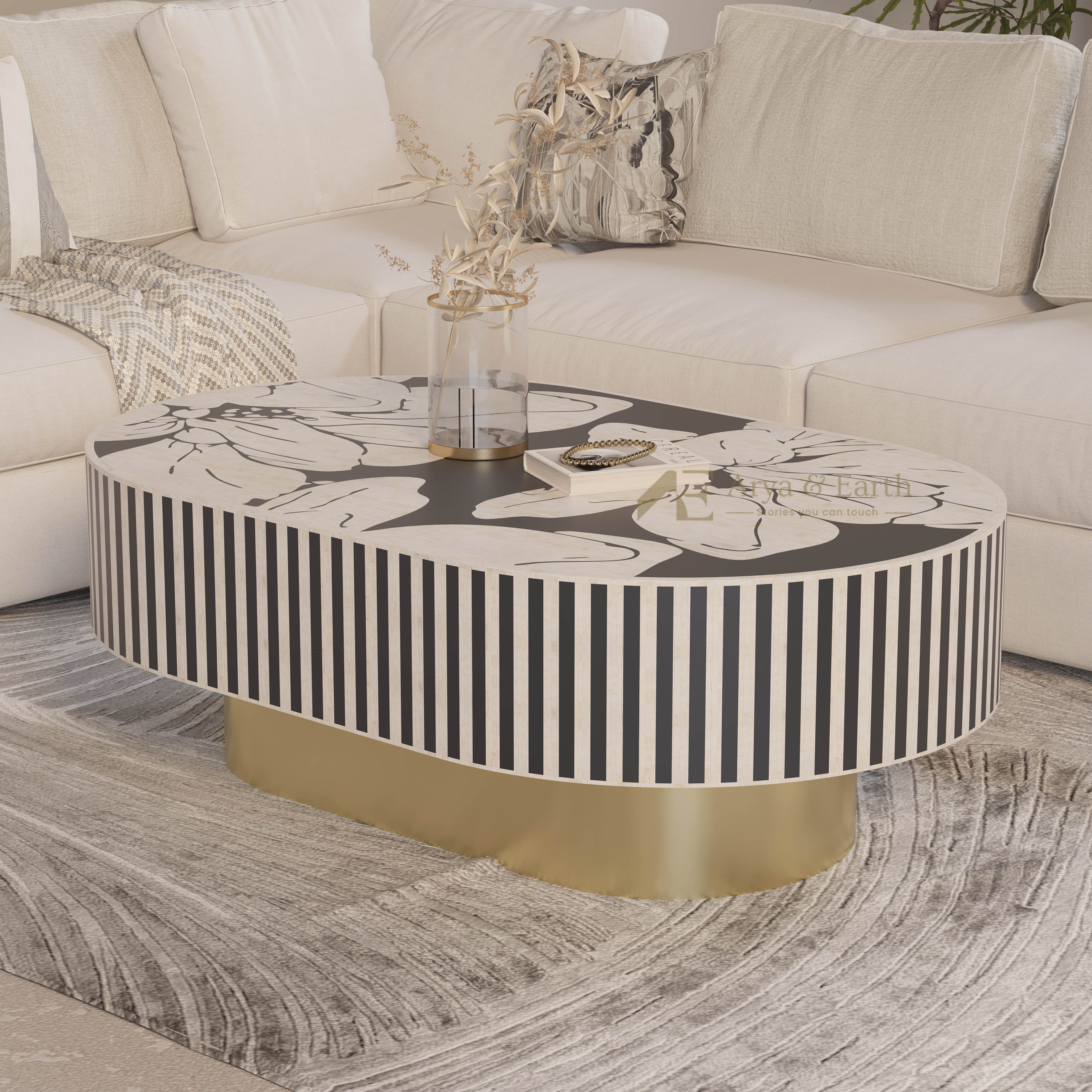 Bone inlay oval floral coffee table in a living room