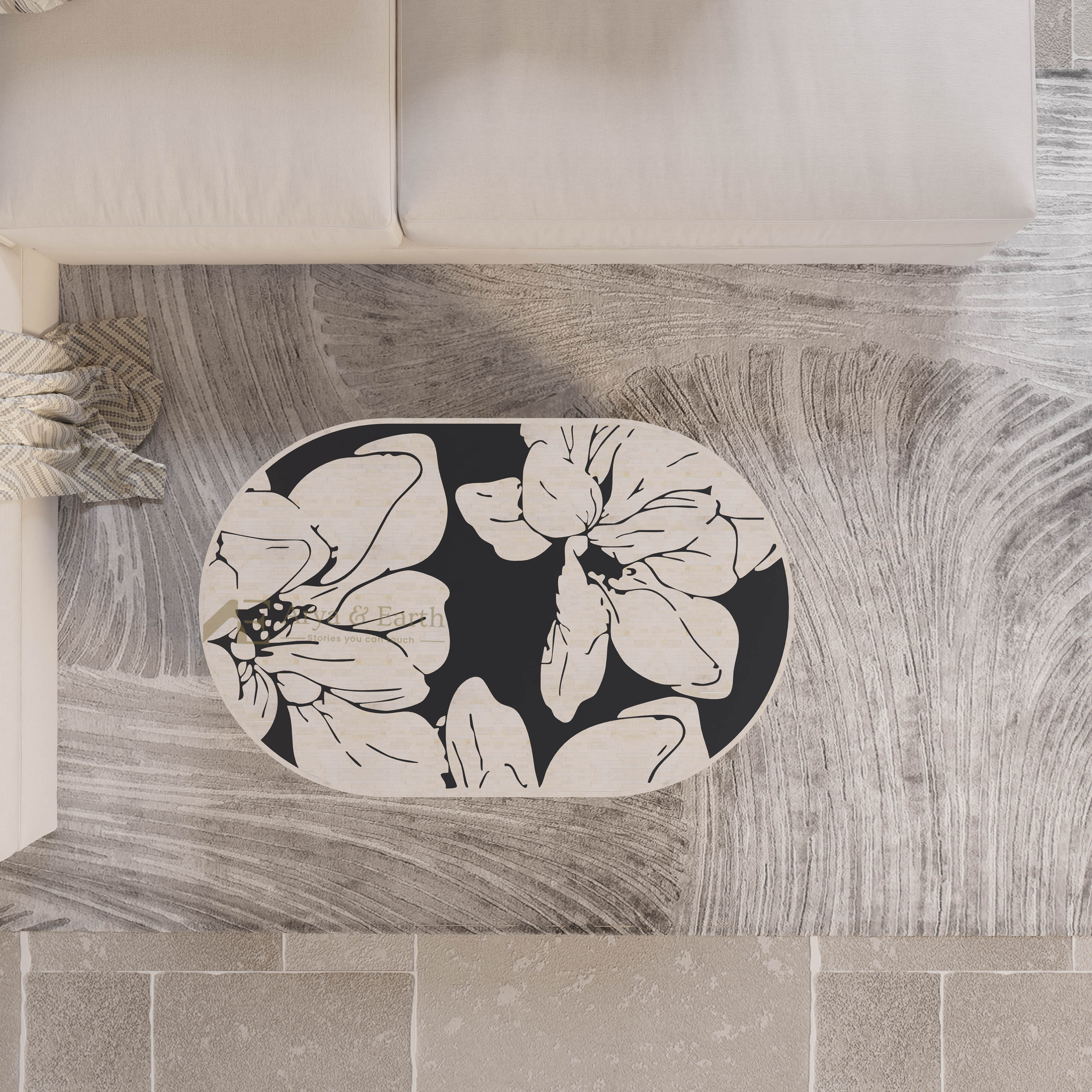 Bone inlay oval floral coffee table top view