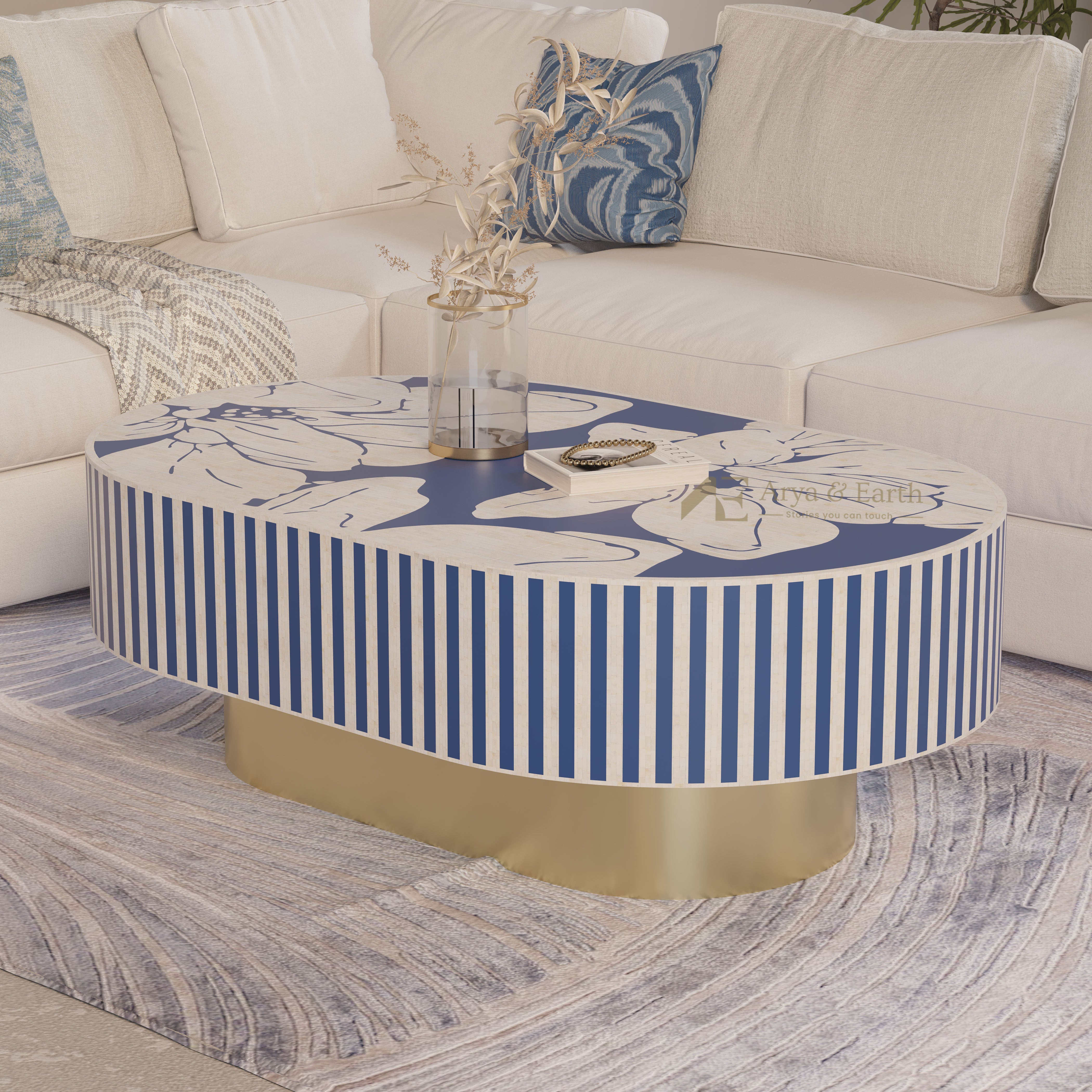 Bone Inlay Floral Handcrafted Coffee Table - Blue Sapphire