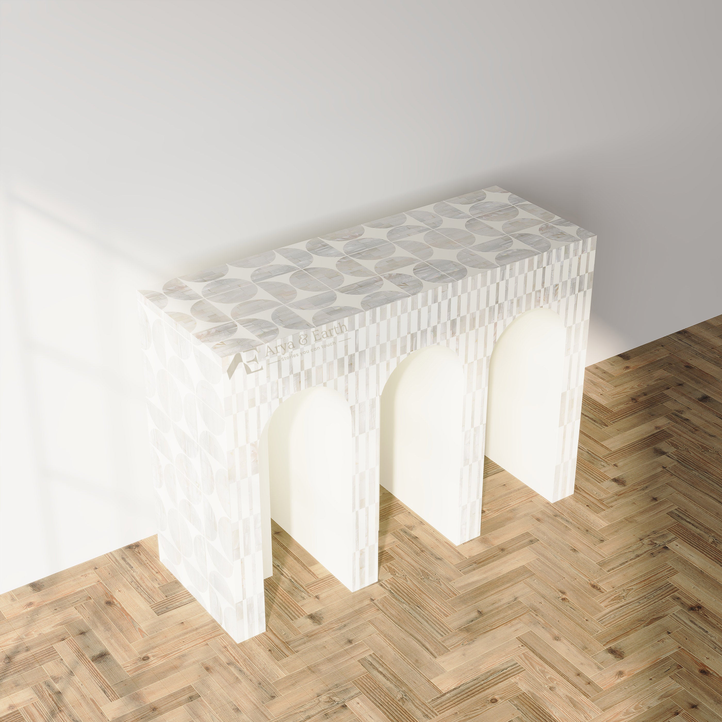 Top view of White mother of Pearl Inlay Console Table