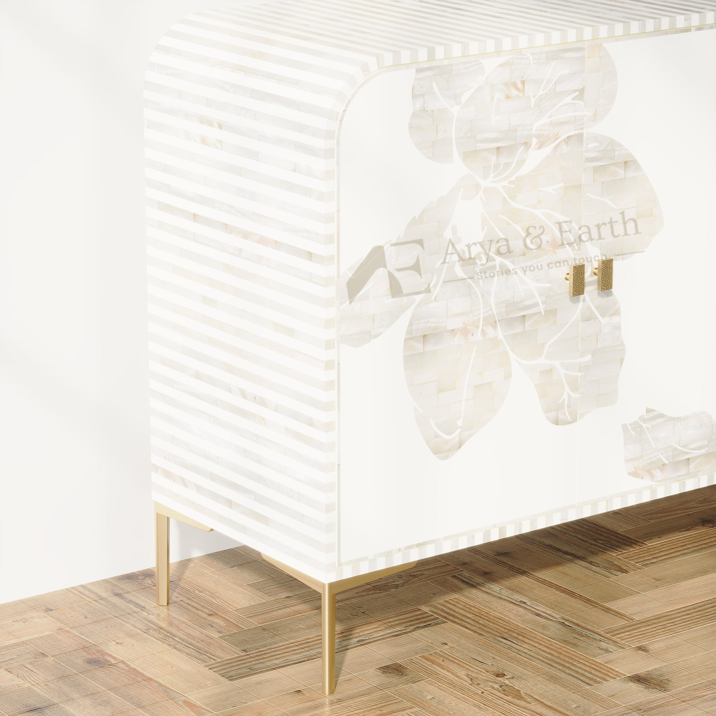 Close up of White Floral Cabinet in a room