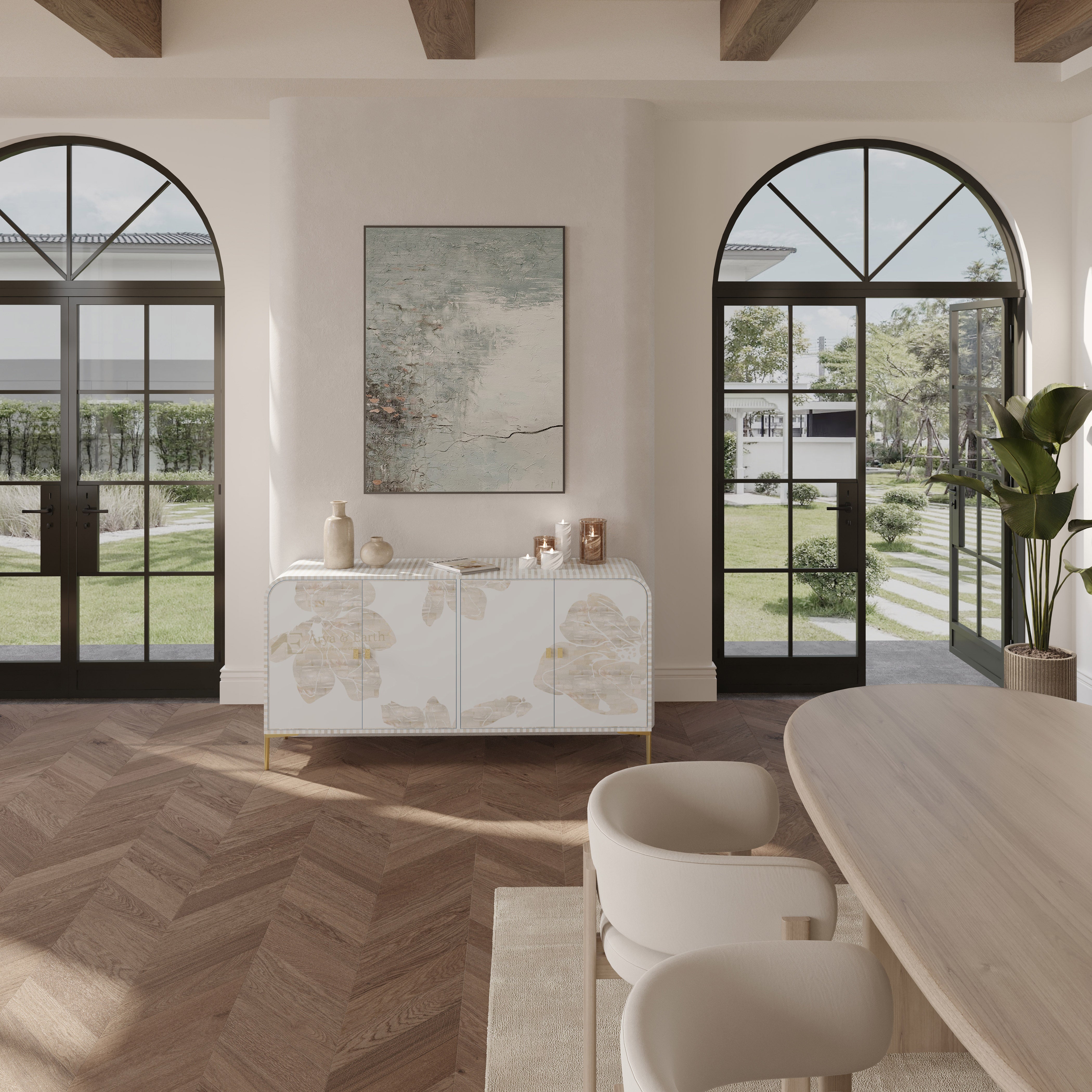 White Floral Cabinet in a dining room with large windows