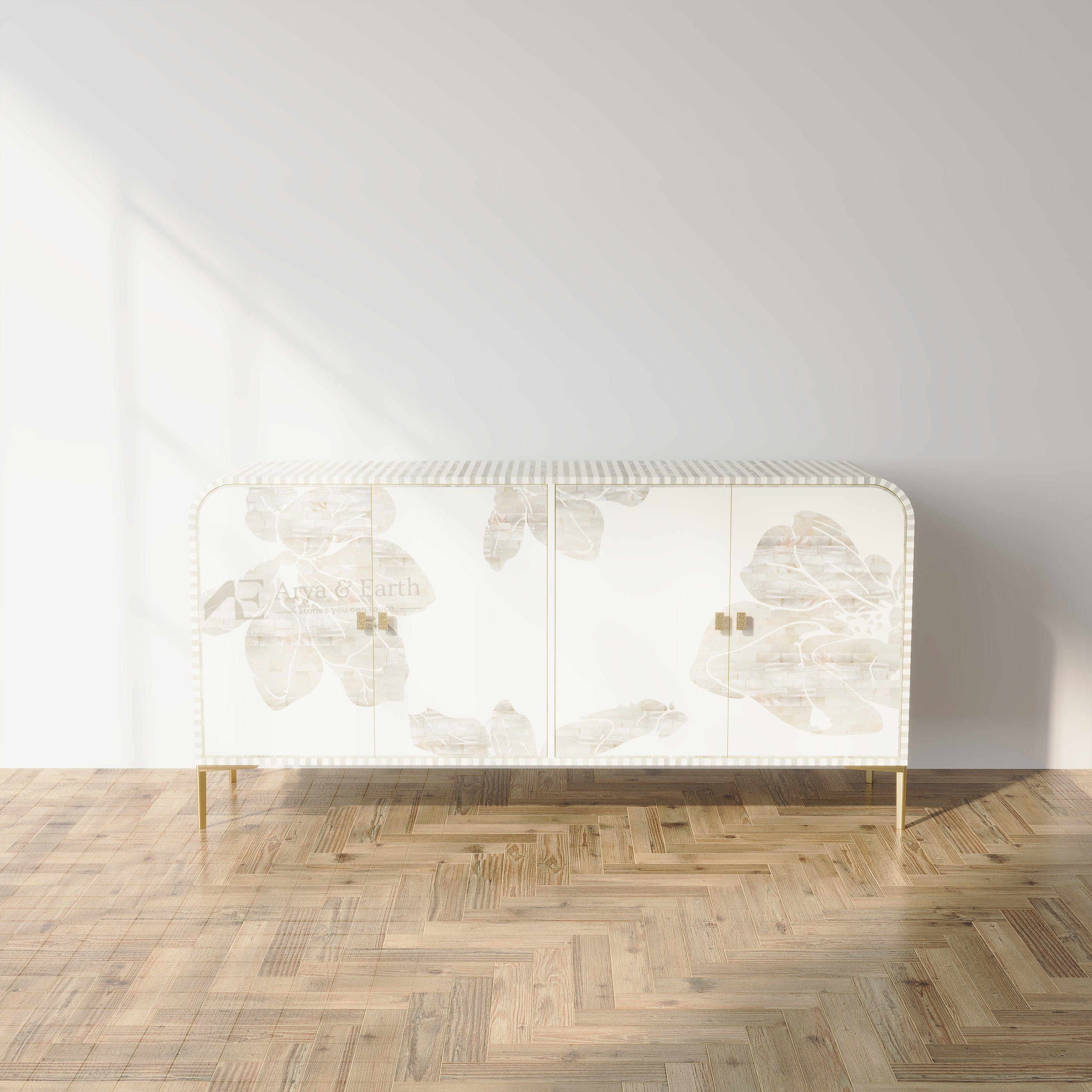 White Floral Cabinet in a plain room