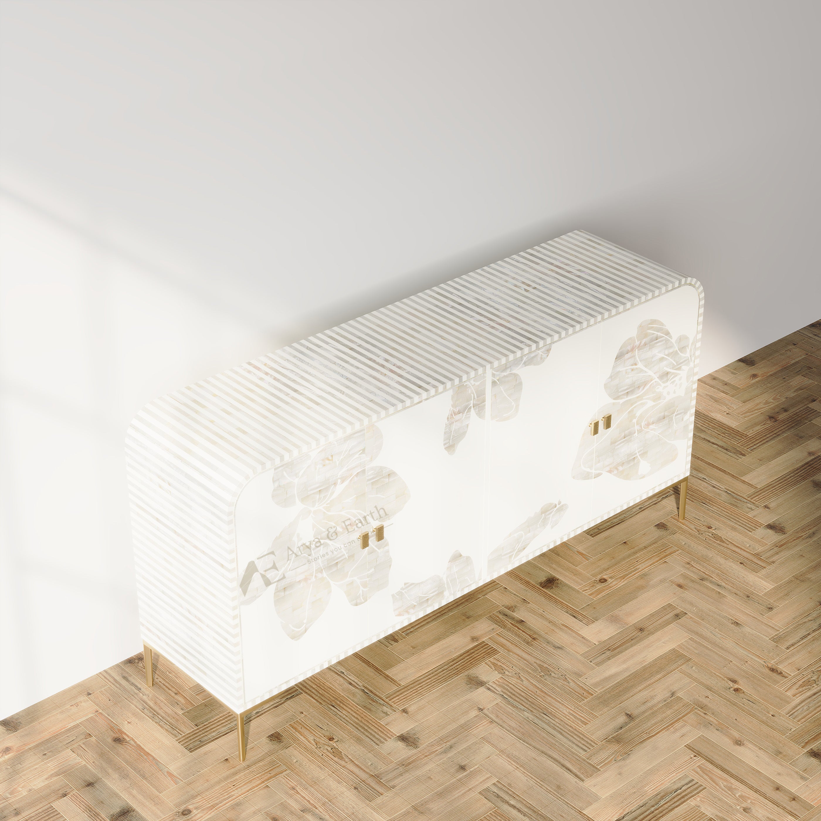 White Floral Cabinet in a room with wooden flooring