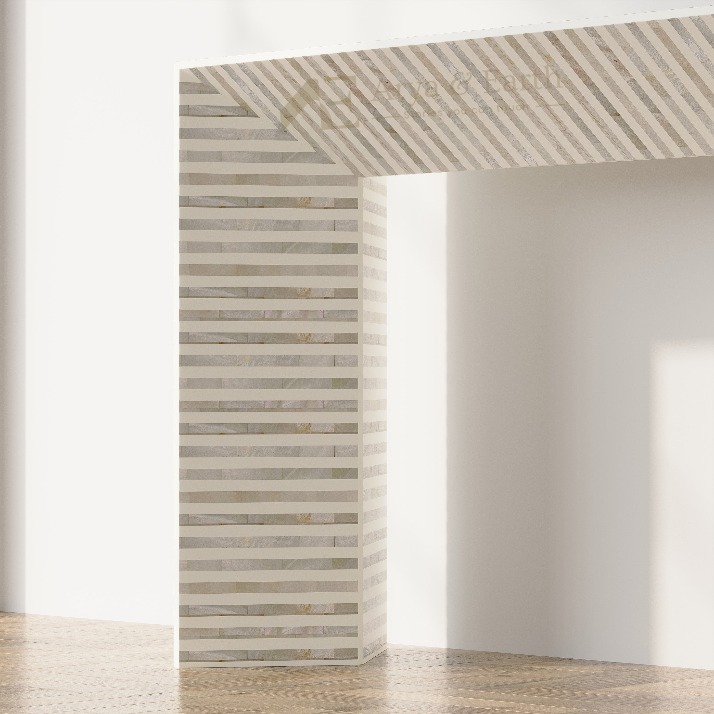 A modern architectural entryway or wall feature made of horizontal striped stone slabs in warm beige, cream, and light gray tones, with a light wood floor and a white wall in the background.