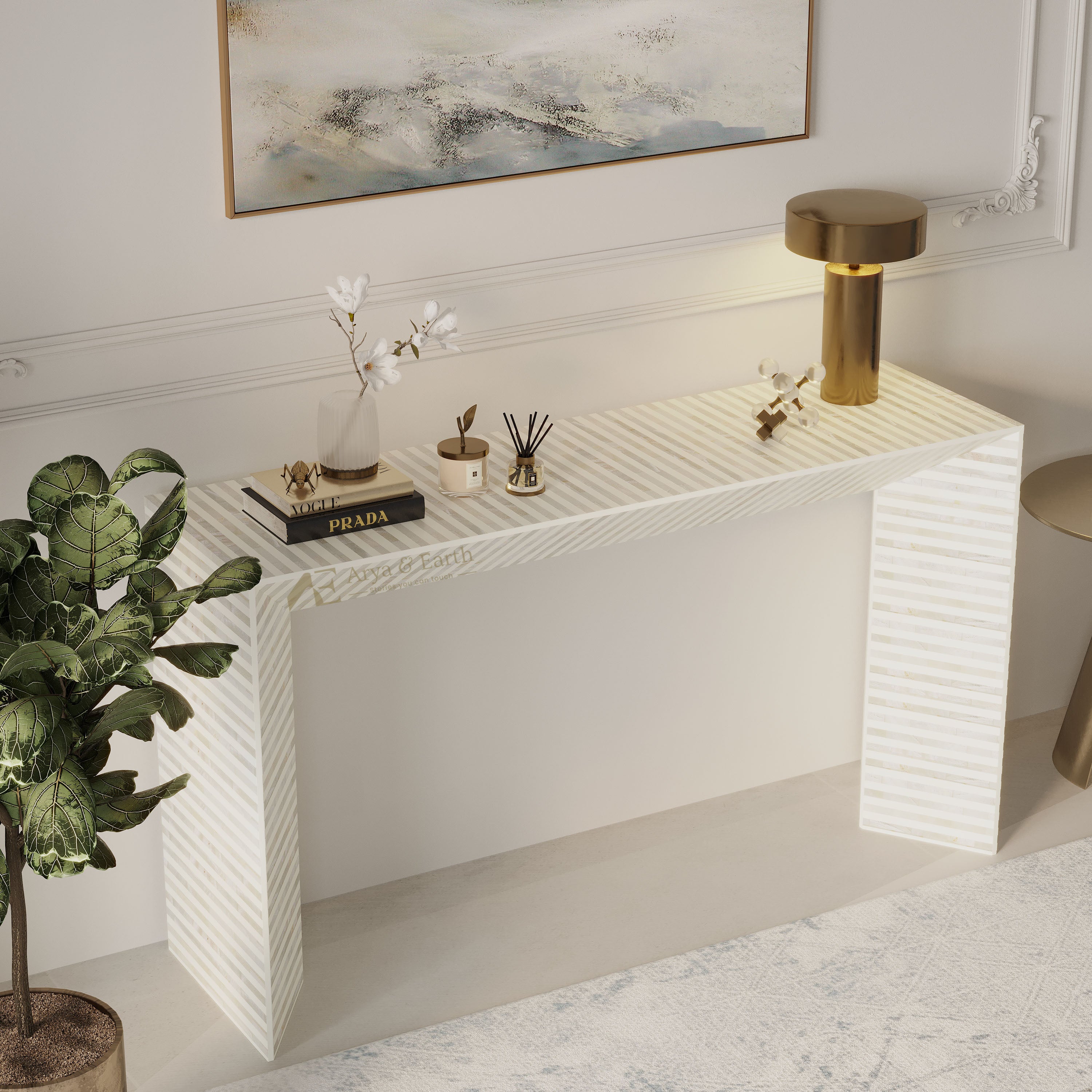 A modern white console table with a ribbed, textured design, styled in a bright, elegant room with a gold table lamp, books, and a potted plant.