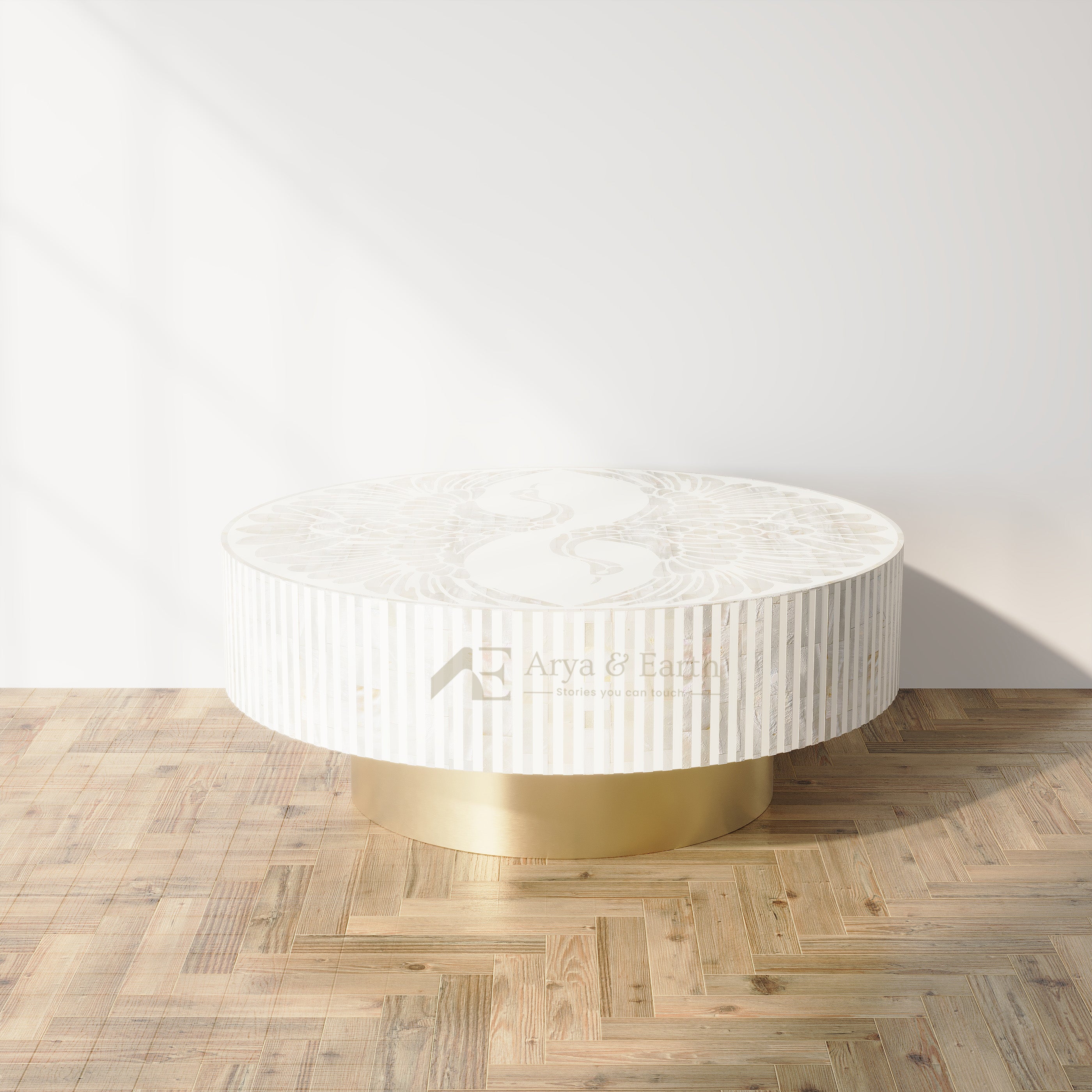 White Mother of Pearl round coffee table with Golden base