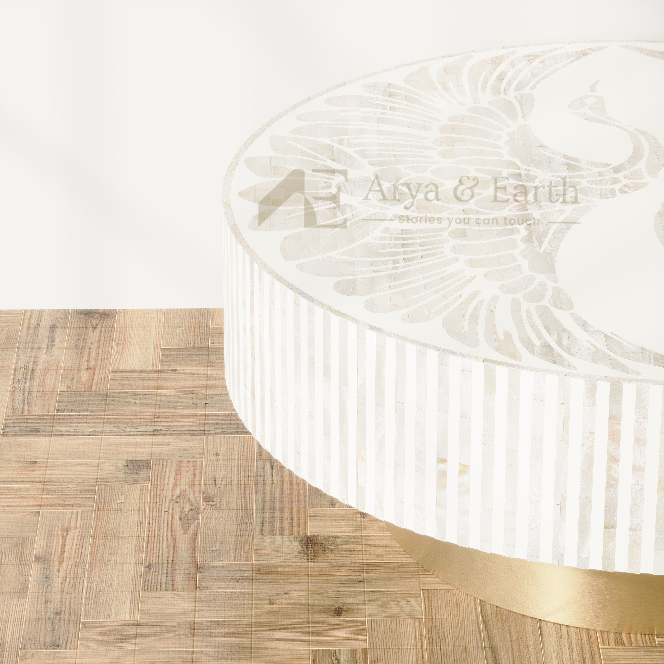 White Mother of Pearl round coffee table close up