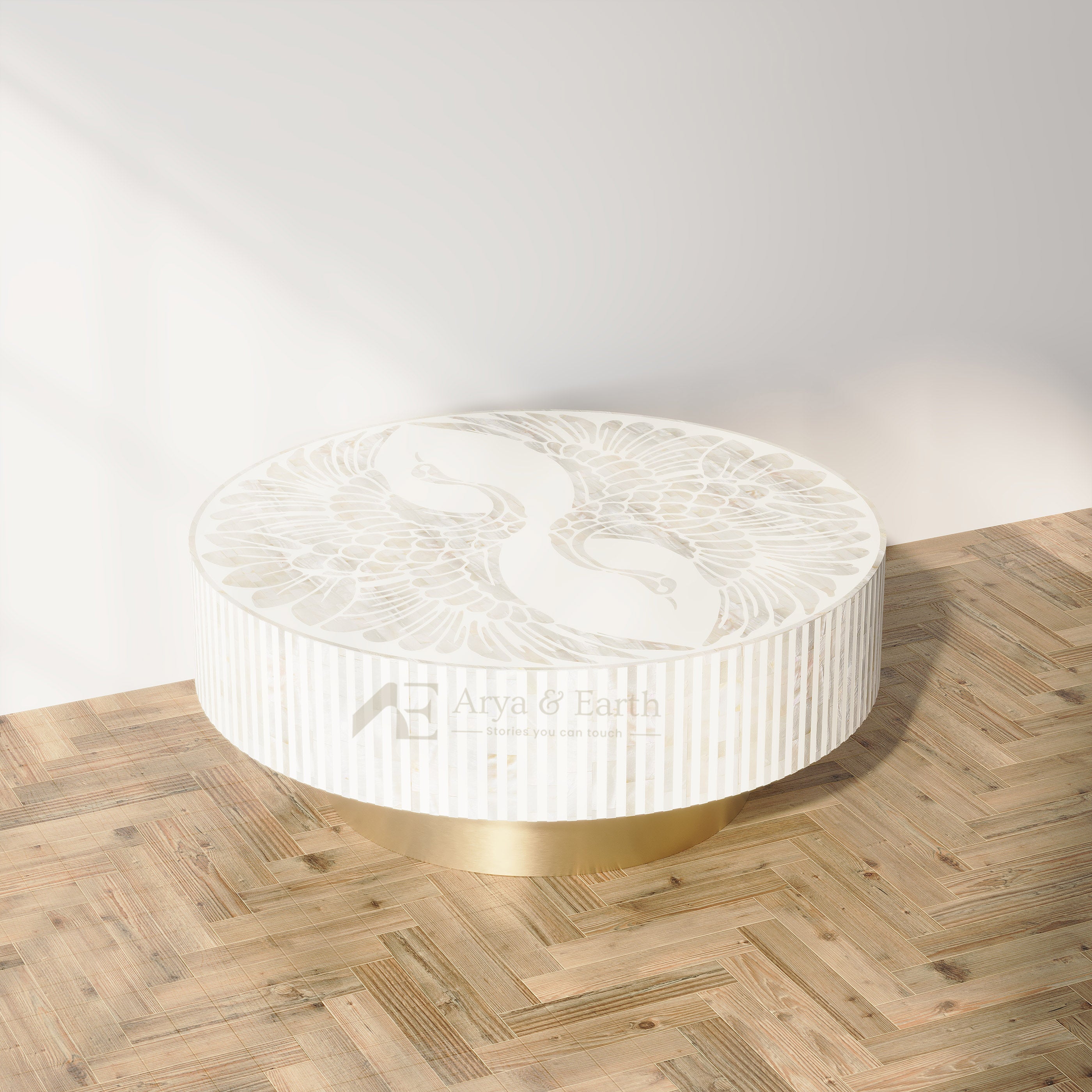 White Mother of Pearl round coffee table with Gold base