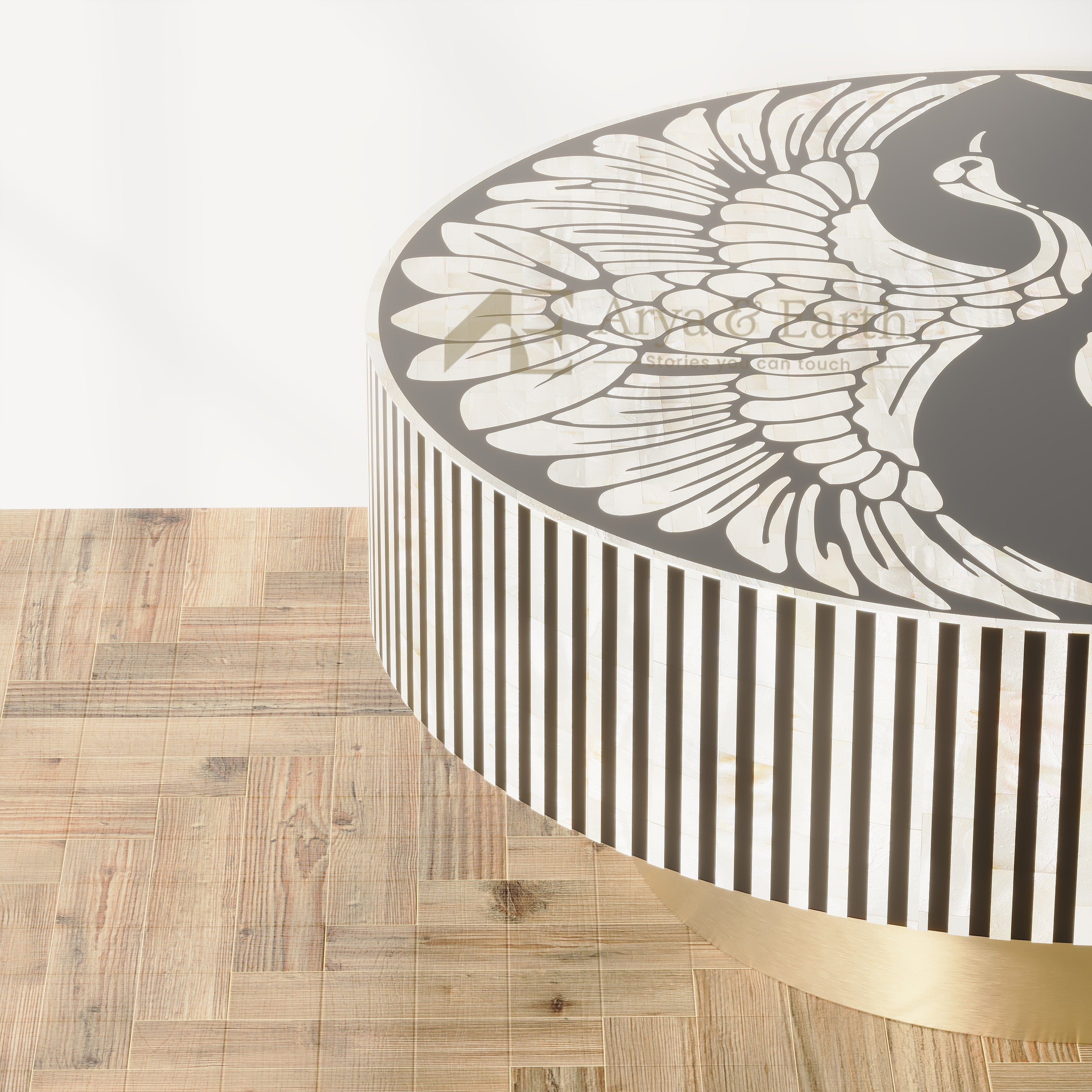 Close up of Bone Inlay Black Round Coffee table with phoenix and stripe design
