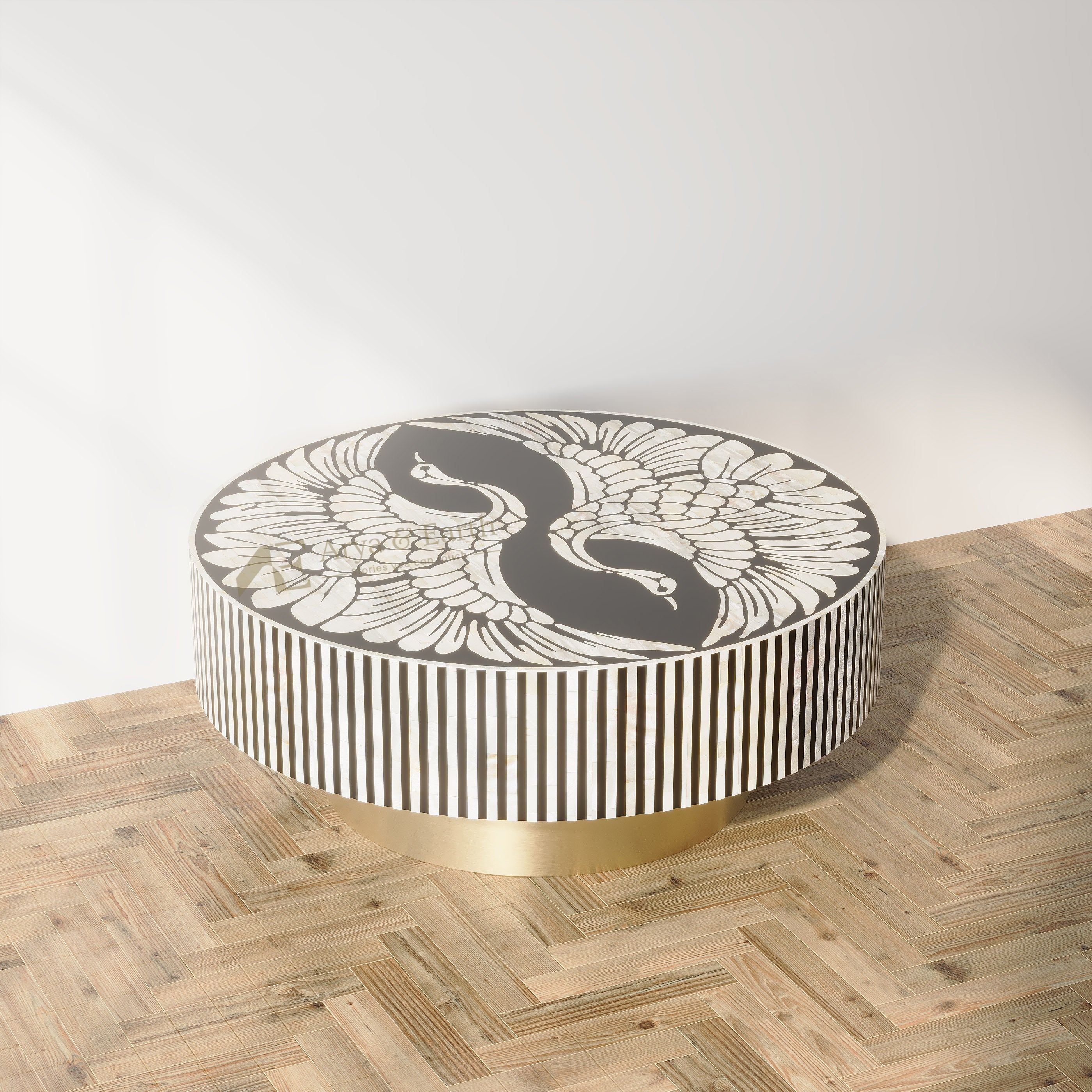Bone Inlay Black Round Coffee table with phoenix and stripe design