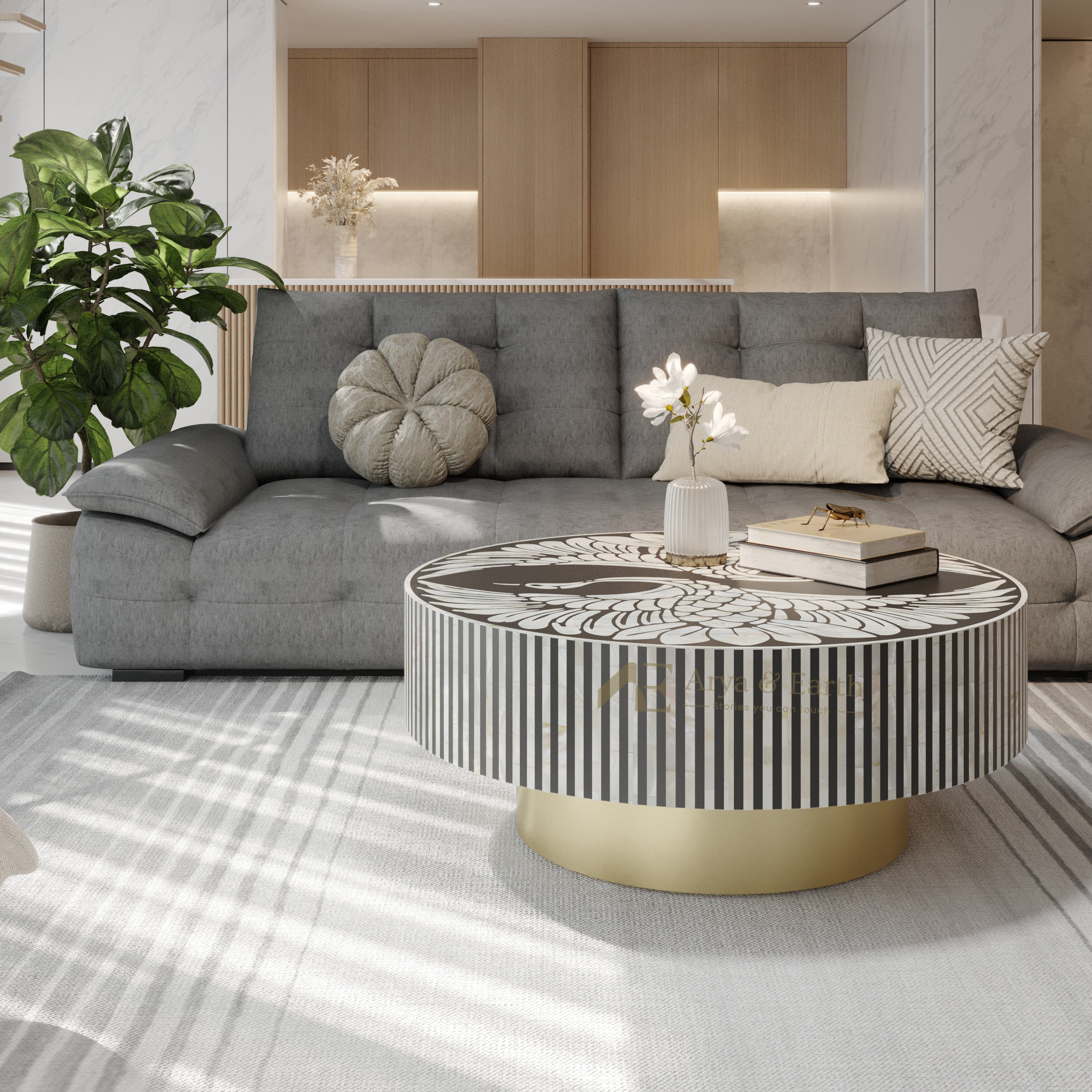 Bone Inlay Black Round Coffee table in a living room