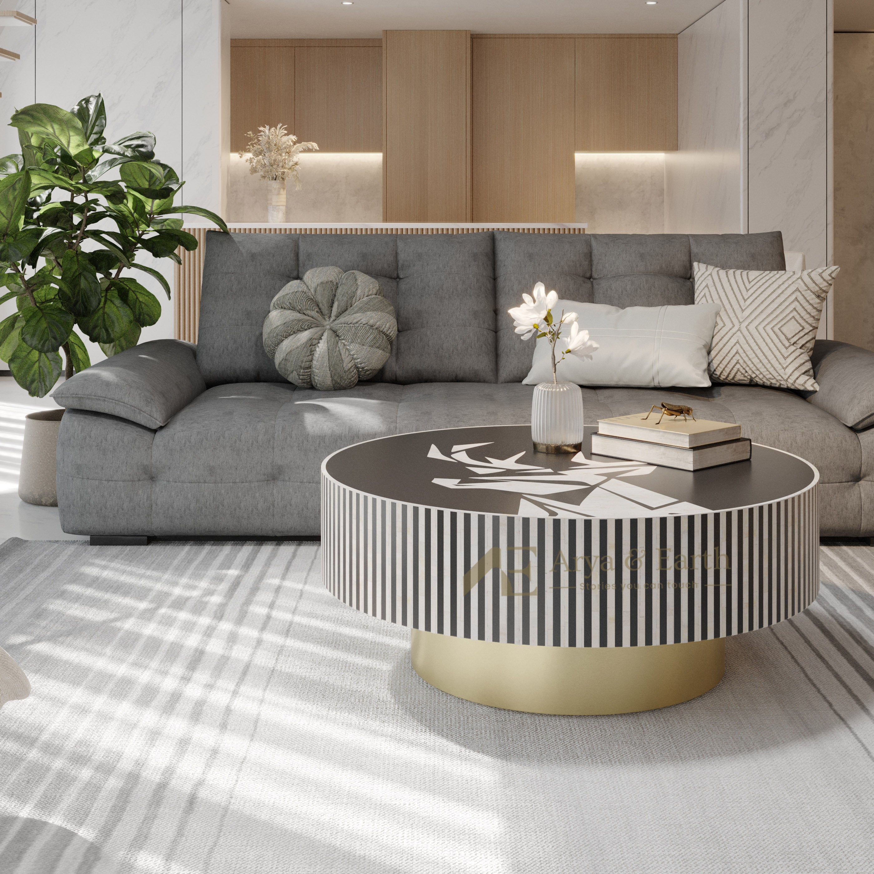 Bone Inlay Black round Coffee Table in a living room