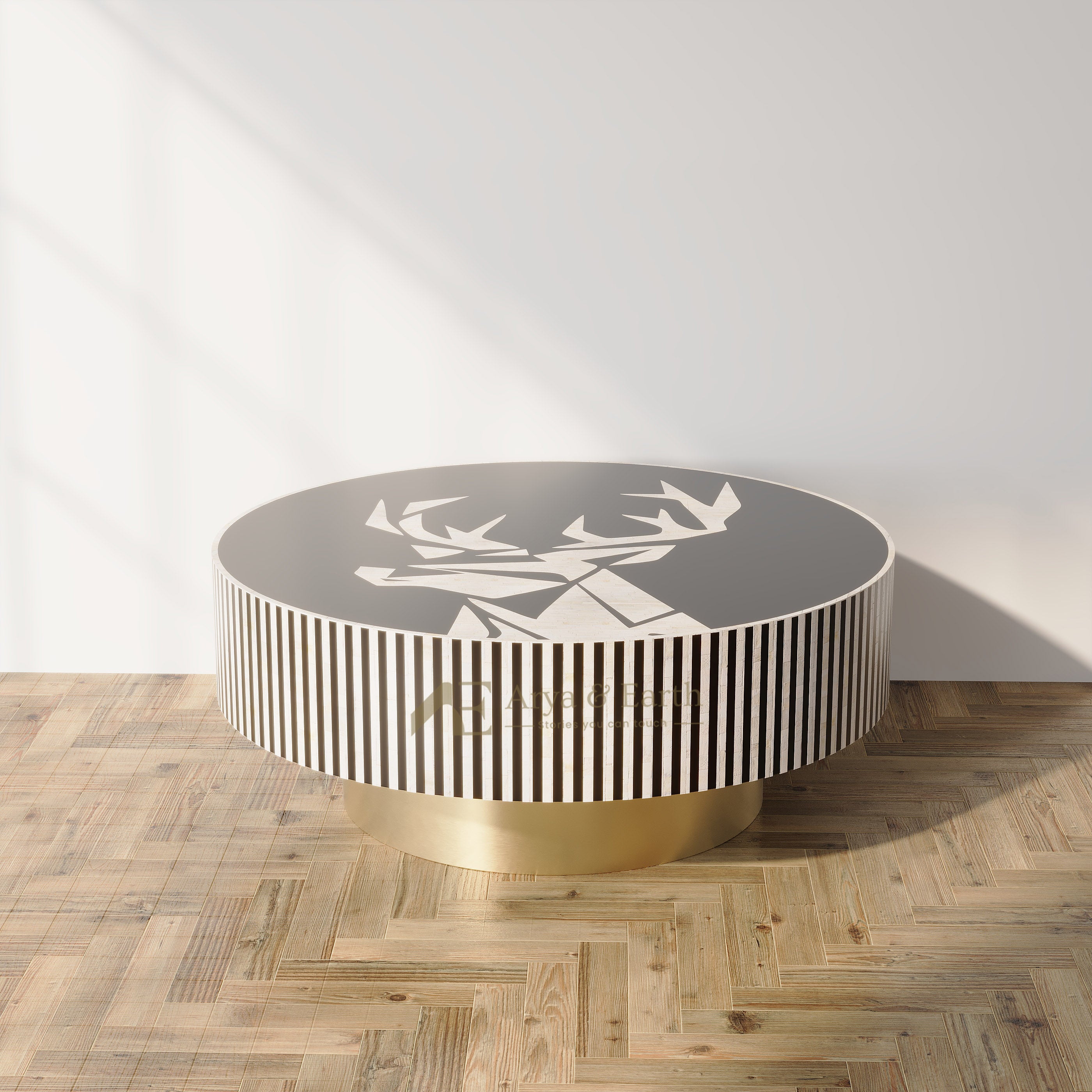 Bone Inlay Black round Coffee Table on wooden floor