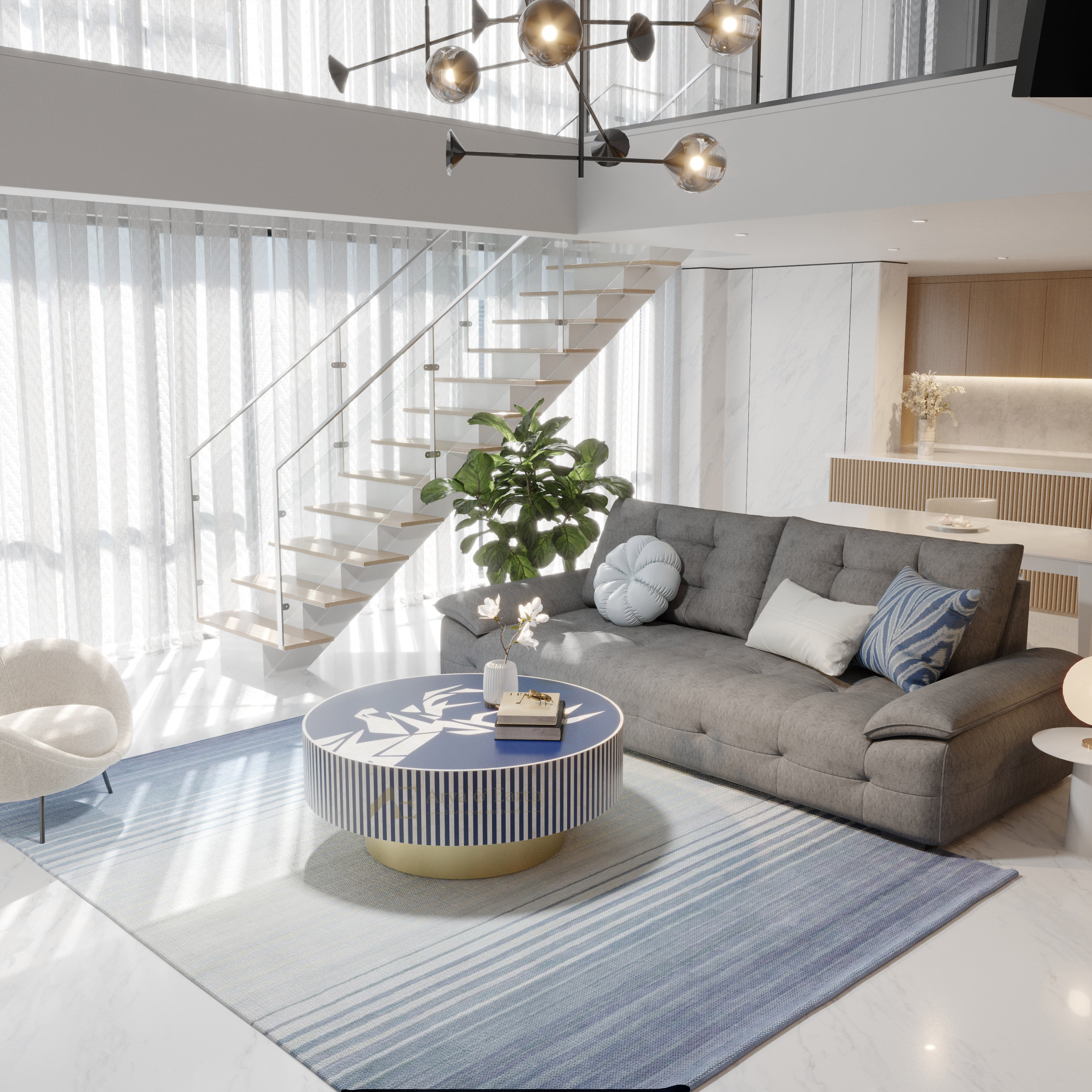 Bone Inlay Blue Round Coffee Table in a living room