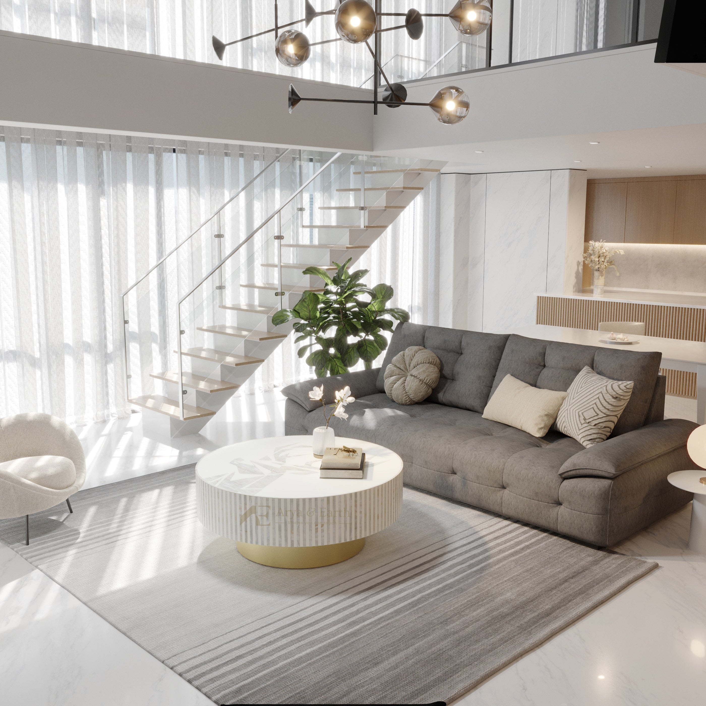 White Mother of Pearl Round coffee table in a huge living room.