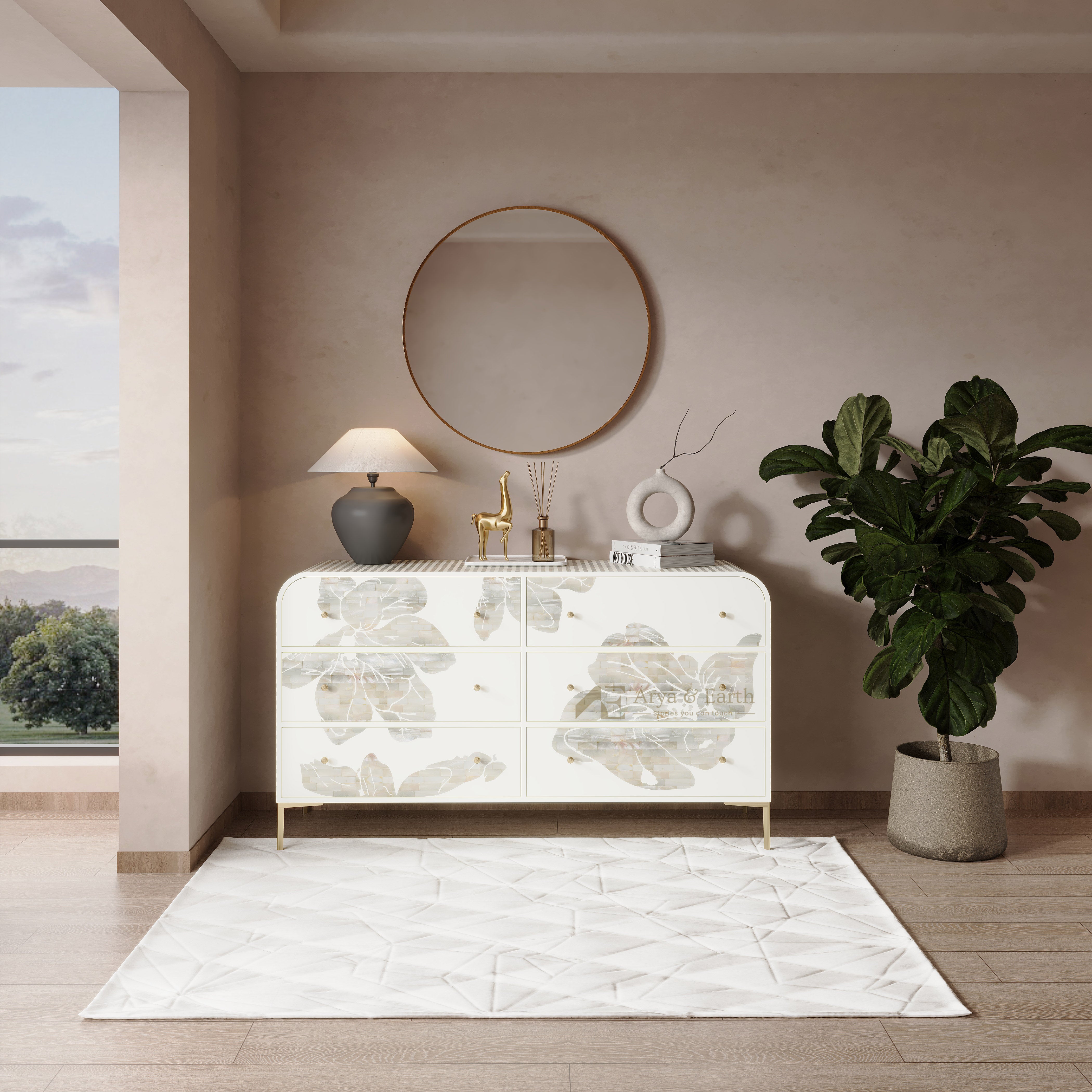 Mother of Pearl Inlay Floral Handcrafted Chest of Drawers - Lunar Dust