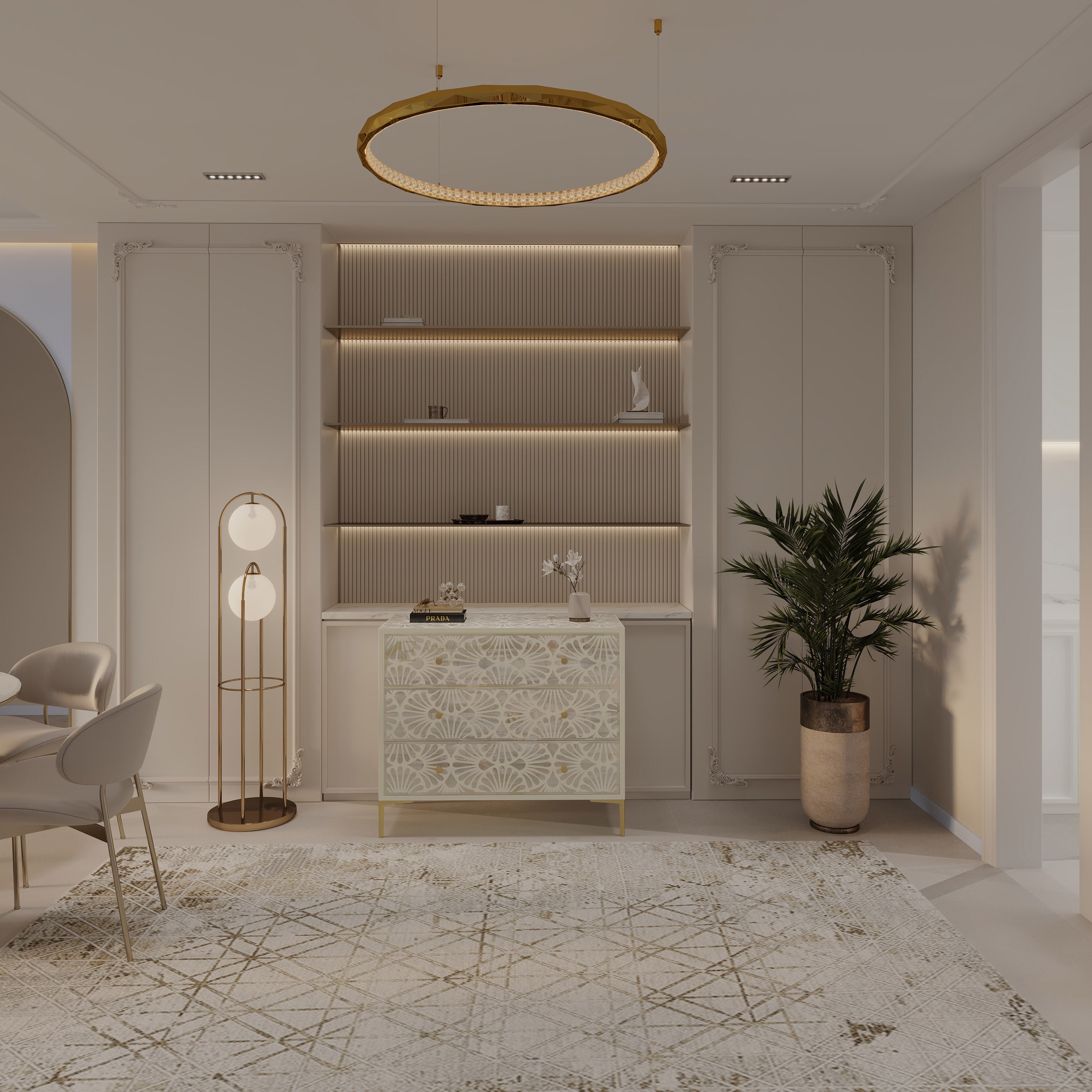 A modern interior design scene featuring a central white carved chest of drawers with gold legs, set against a beige ribbed wall with built-in shelves and warm lighting. A matching gold floor lamp stands to the left, and a potted green plant is on the right.