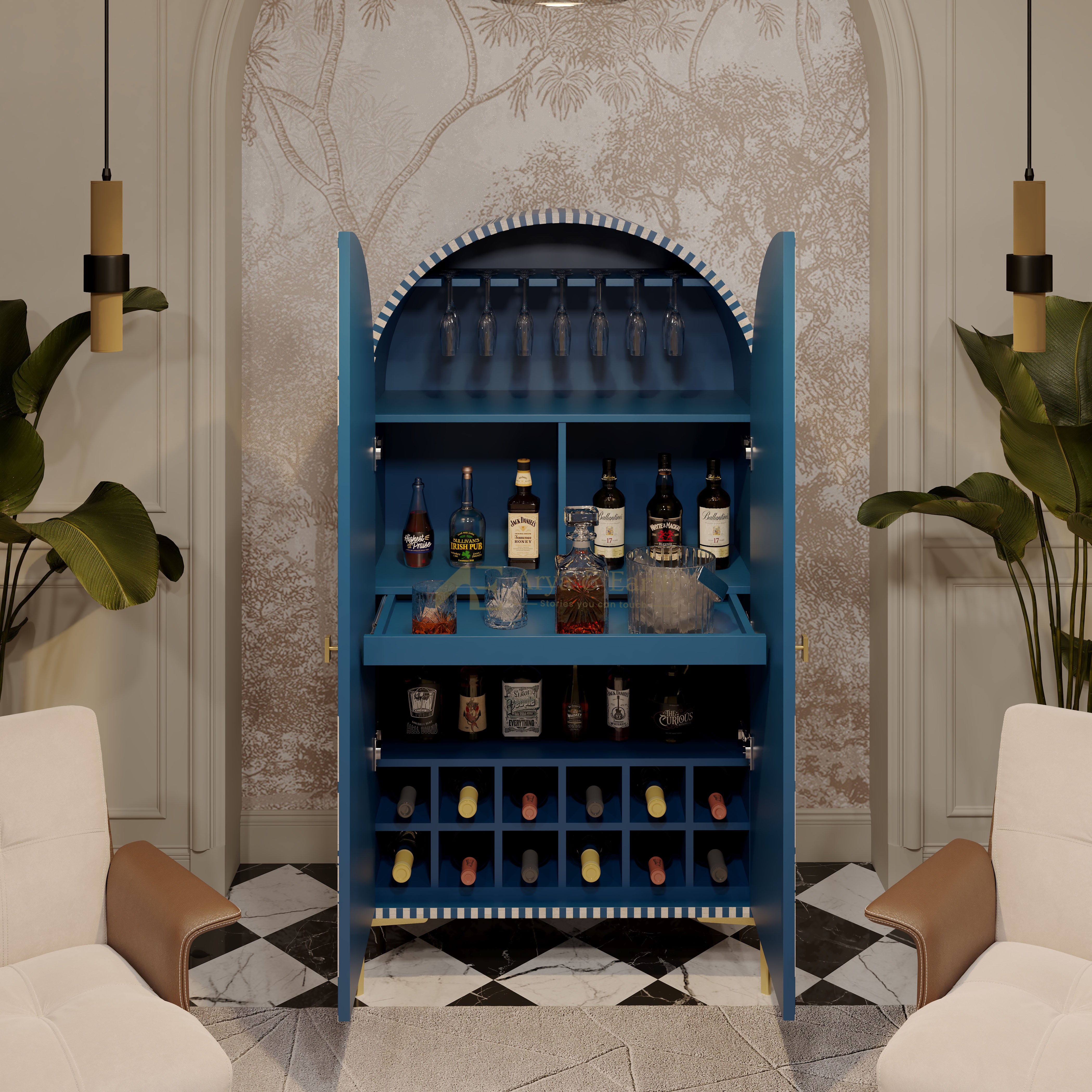 black bar cabinet interior with extendable shelf, wine glass rack and wine bottle storage