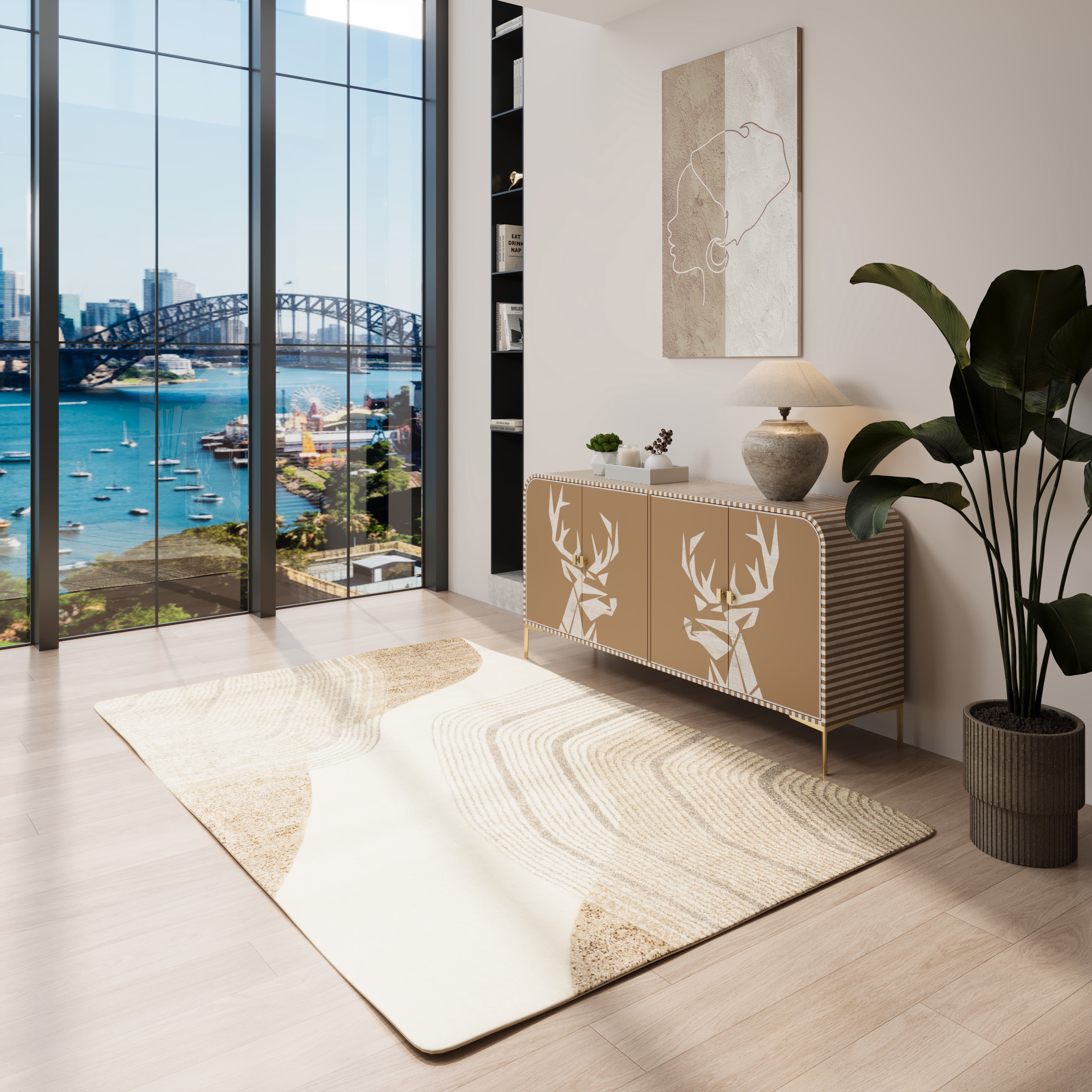 Luxury interior with a rug, beige bone inlay sideboard, and large window view of a cityscape.