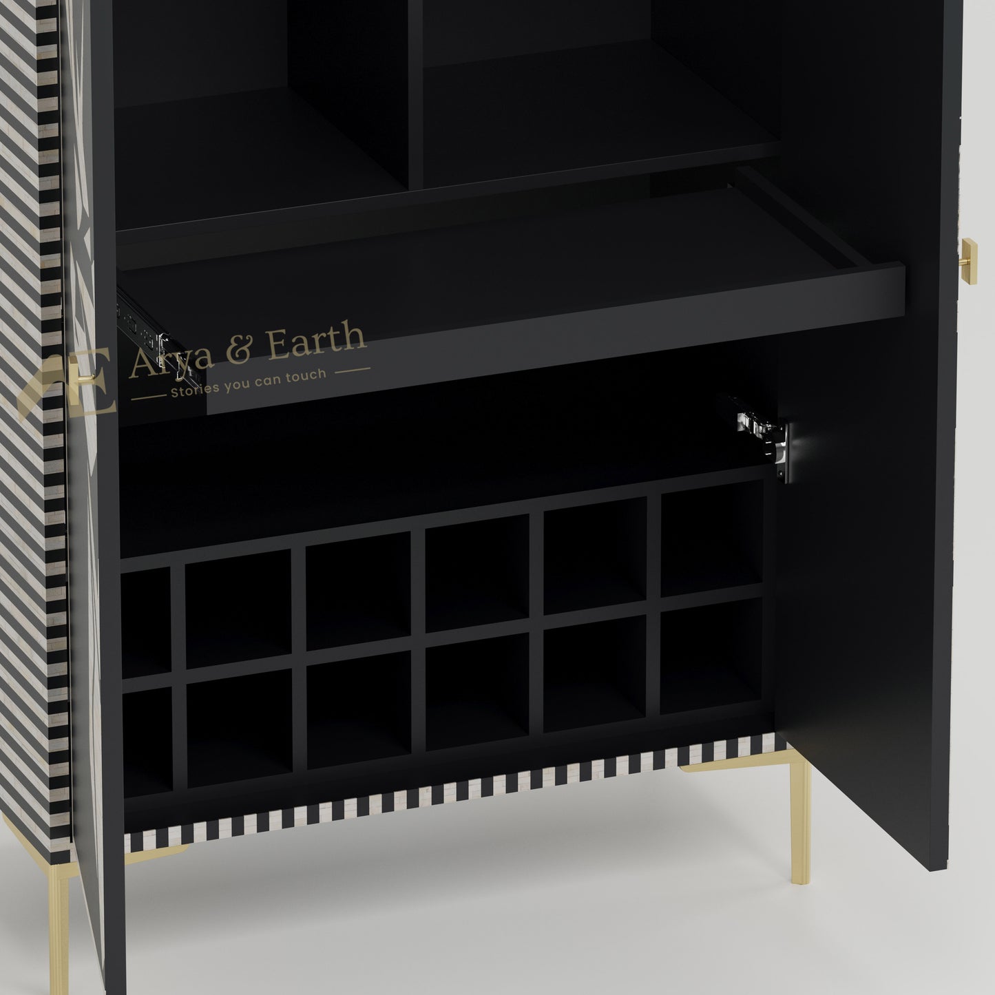 bar cabinet interior shelves bone inlay black wine storage