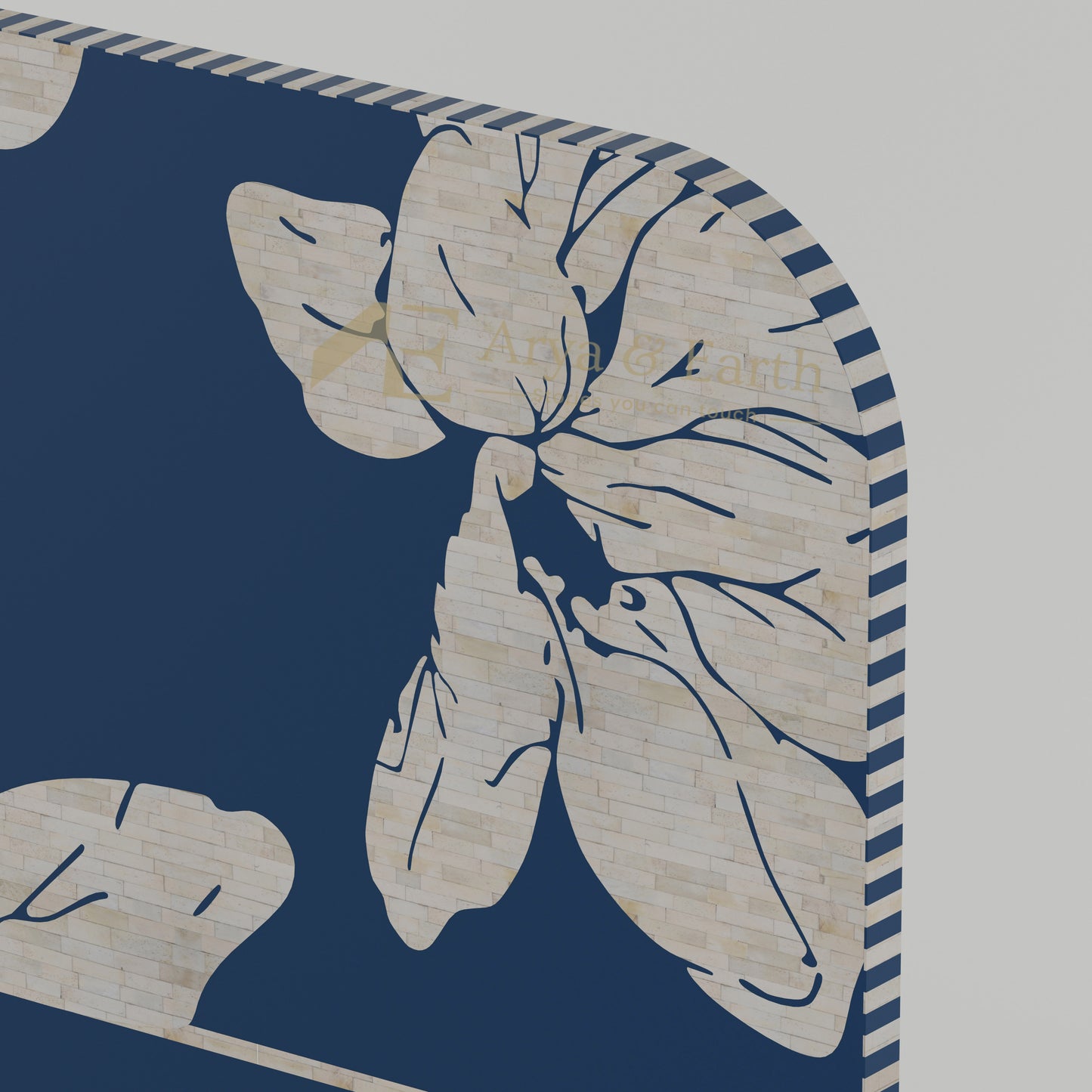 Handmade bone inlay bedhead with floral design closeup