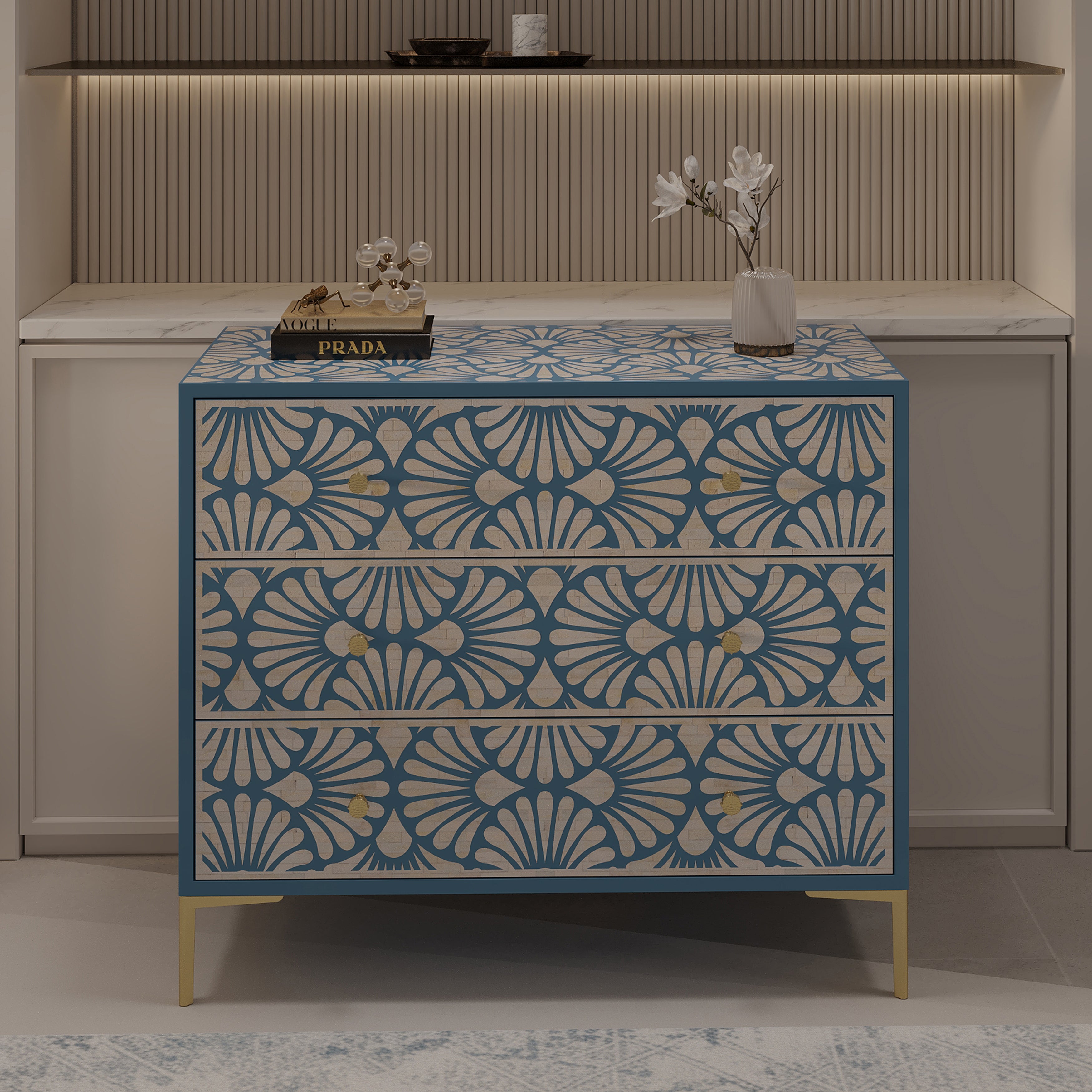 Floral bone inlay design on chest of drawers in a room setting