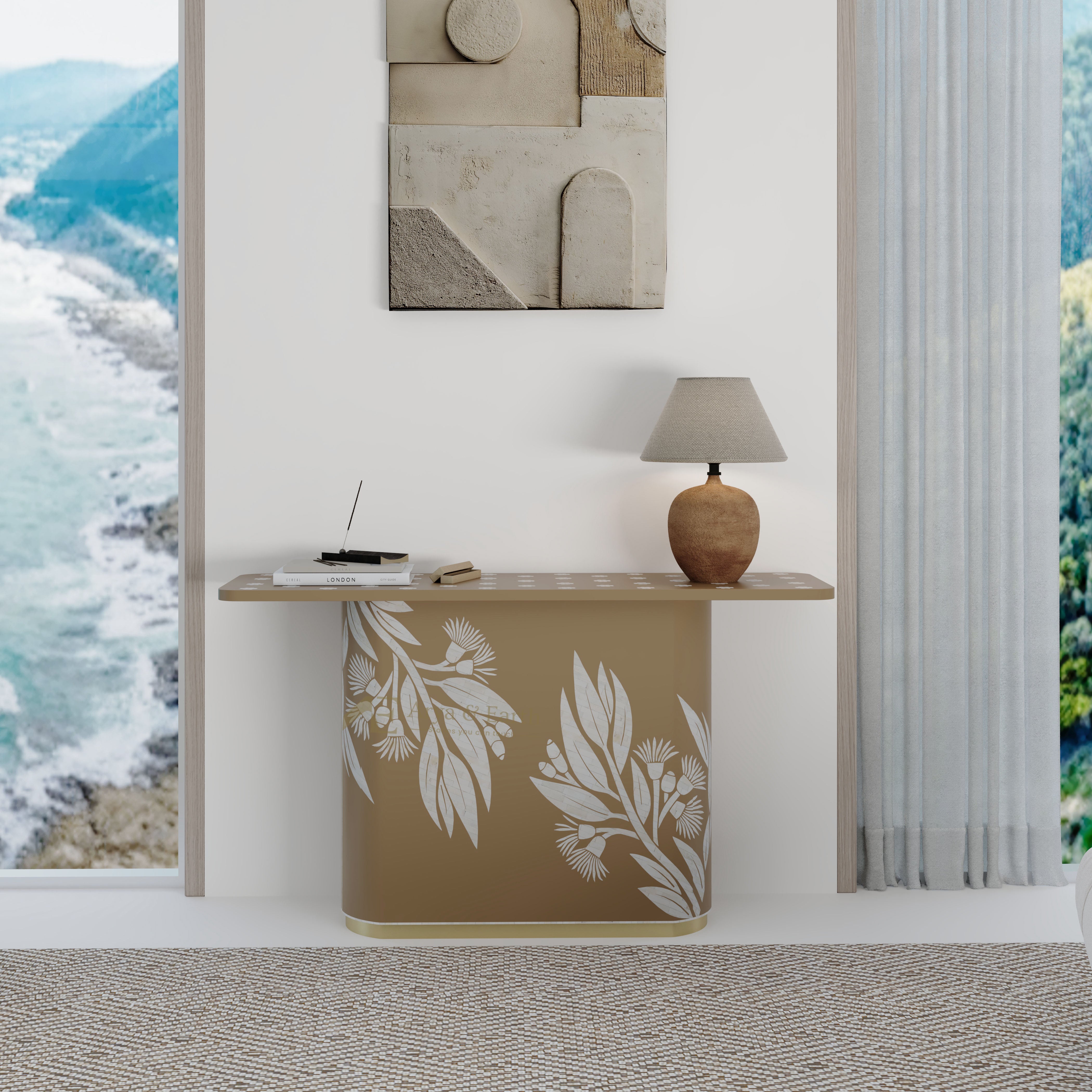 Beige console table with floral pattern in a room with ocean view